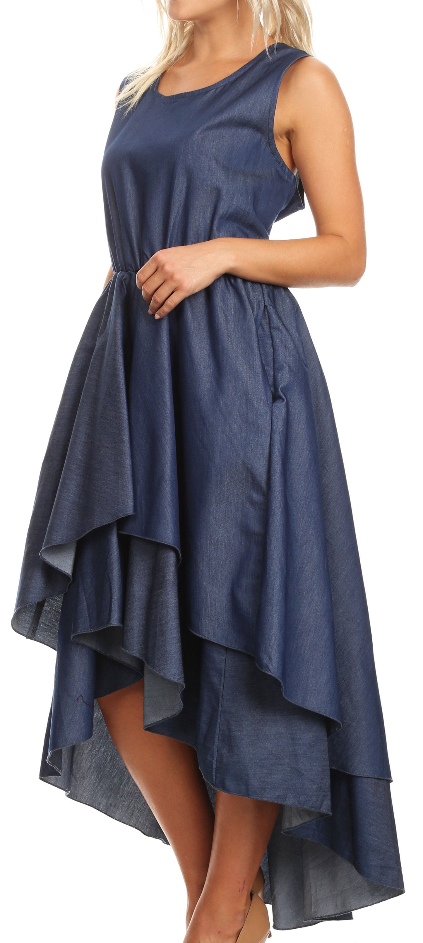 Sakkas Emalia Women's Sleeveless Cocktail High Low Hem Dress with Pockets Chambray - Concordia Style Boutique