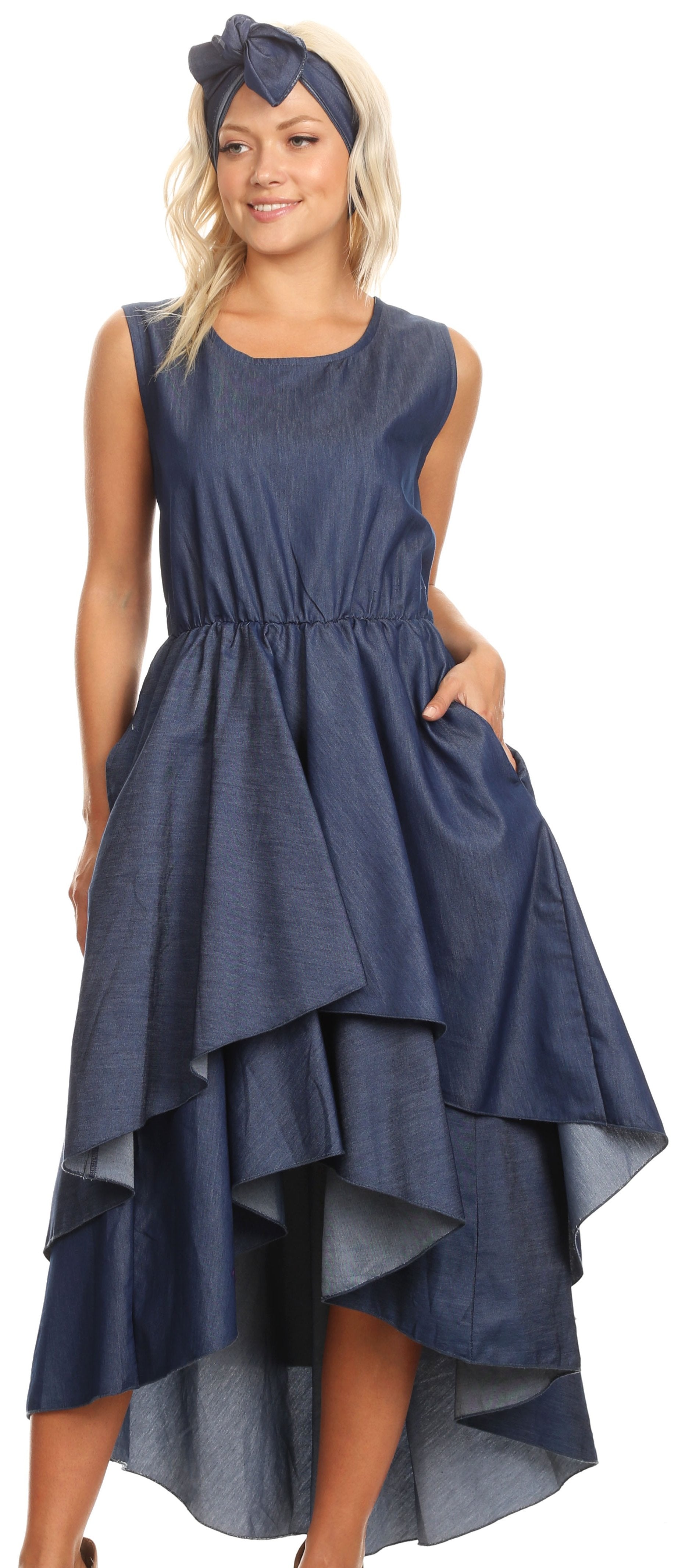 Sakkas Emalia Women's Sleeveless Cocktail High Low Hem Dress with Pockets Chambray - Concordia Style Boutique