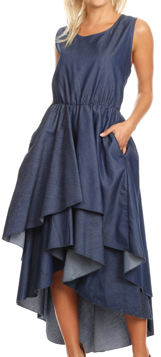 Sakkas Emalia Women's Sleeveless Cocktail High Low Hem Dress with Pockets Chambray - Concordia Style Boutique