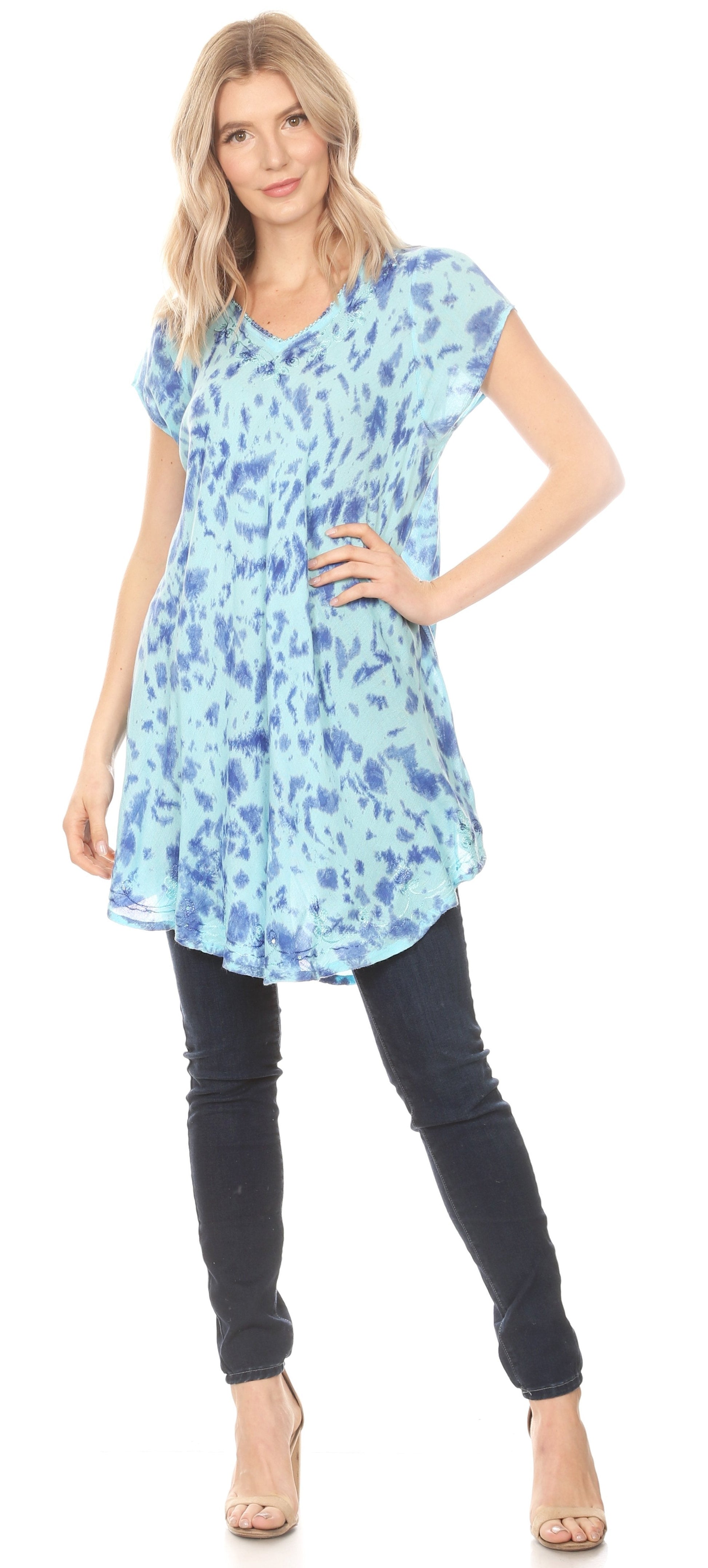 Sakkas Xoana Women's Casual Cap Sleeve V-neck Flare Loose Boho Swing Short Dress - Concordia Style Boutique