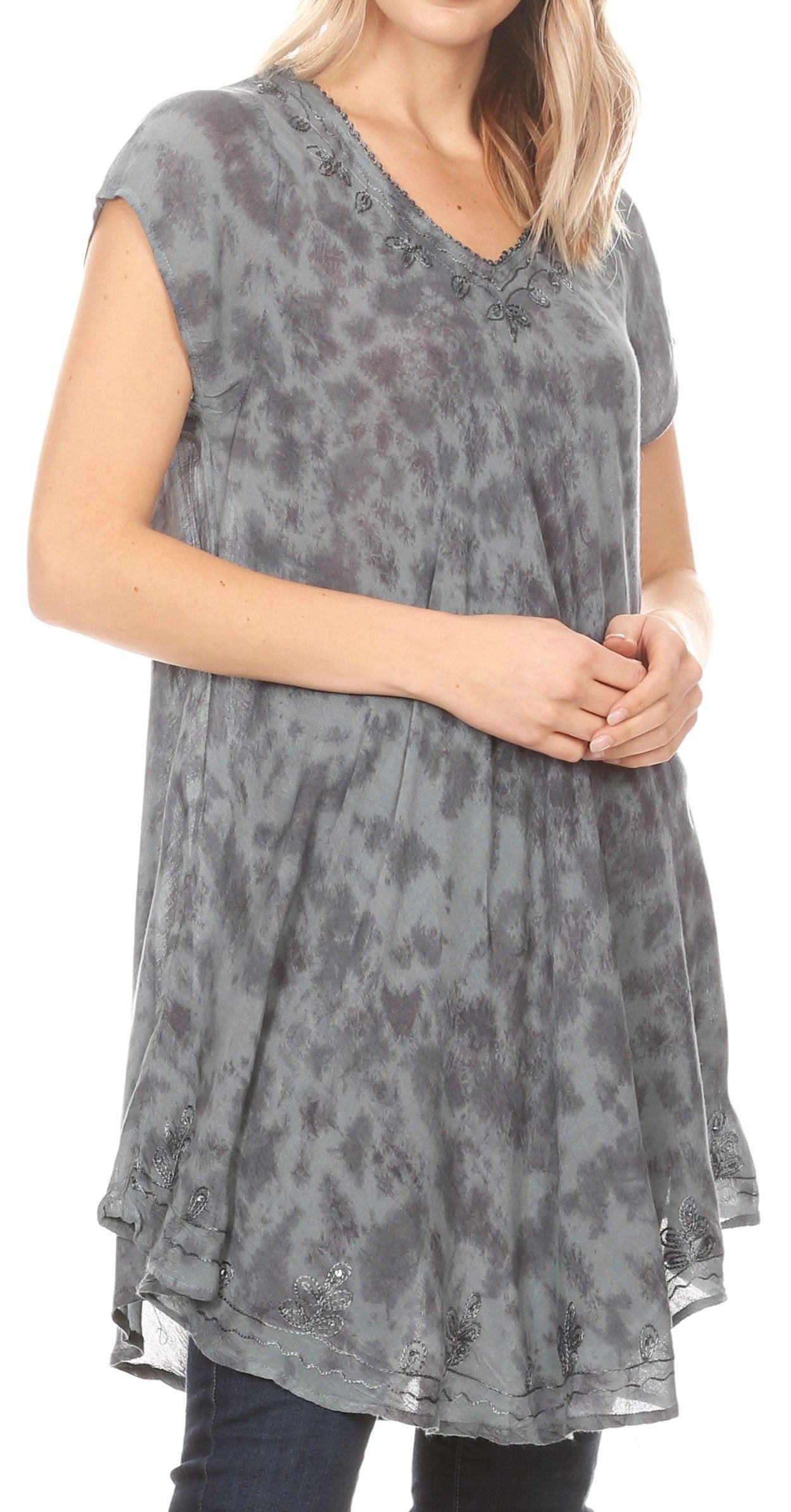 Sakkas Xoana Women's Casual Cap Sleeve V-neck Flare Loose Boho Swing Short Dress - Concordia Style Boutique