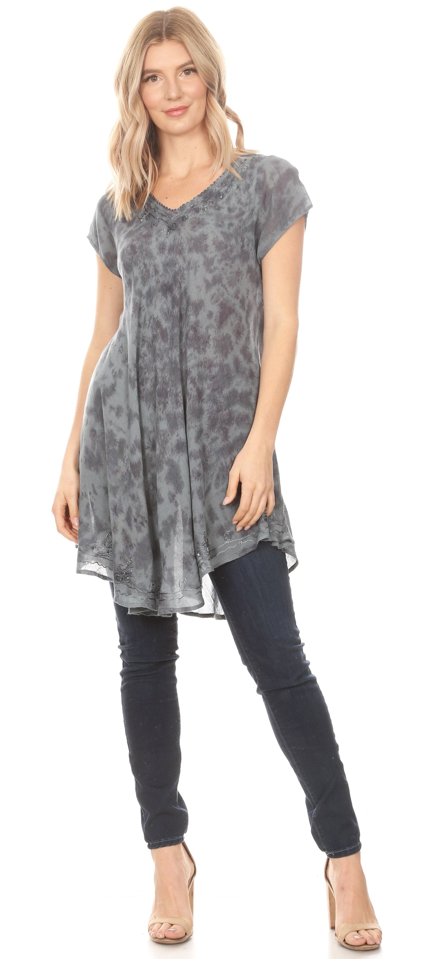 Sakkas Xoana Women's Casual Cap Sleeve V-neck Flare Loose Boho Swing Short Dress - Concordia Style Boutique