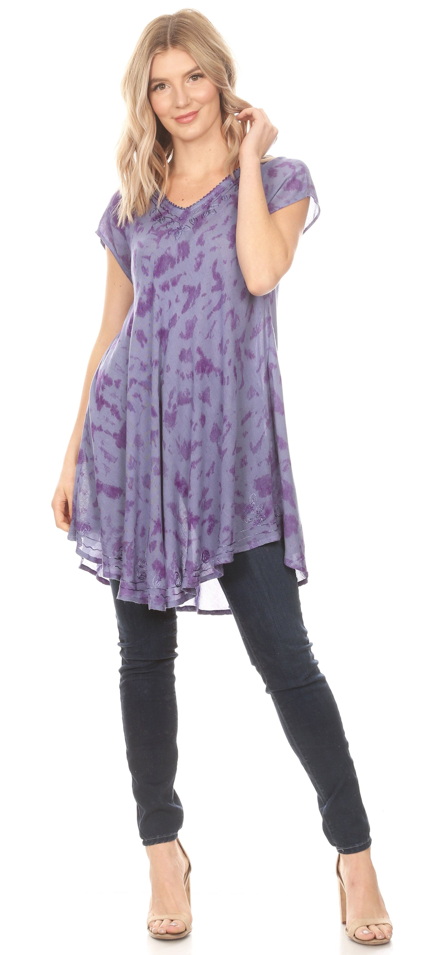 Sakkas Xoana Women's Casual Cap Sleeve V-neck Flare Loose Boho Swing Short Dress - Concordia Style Boutique