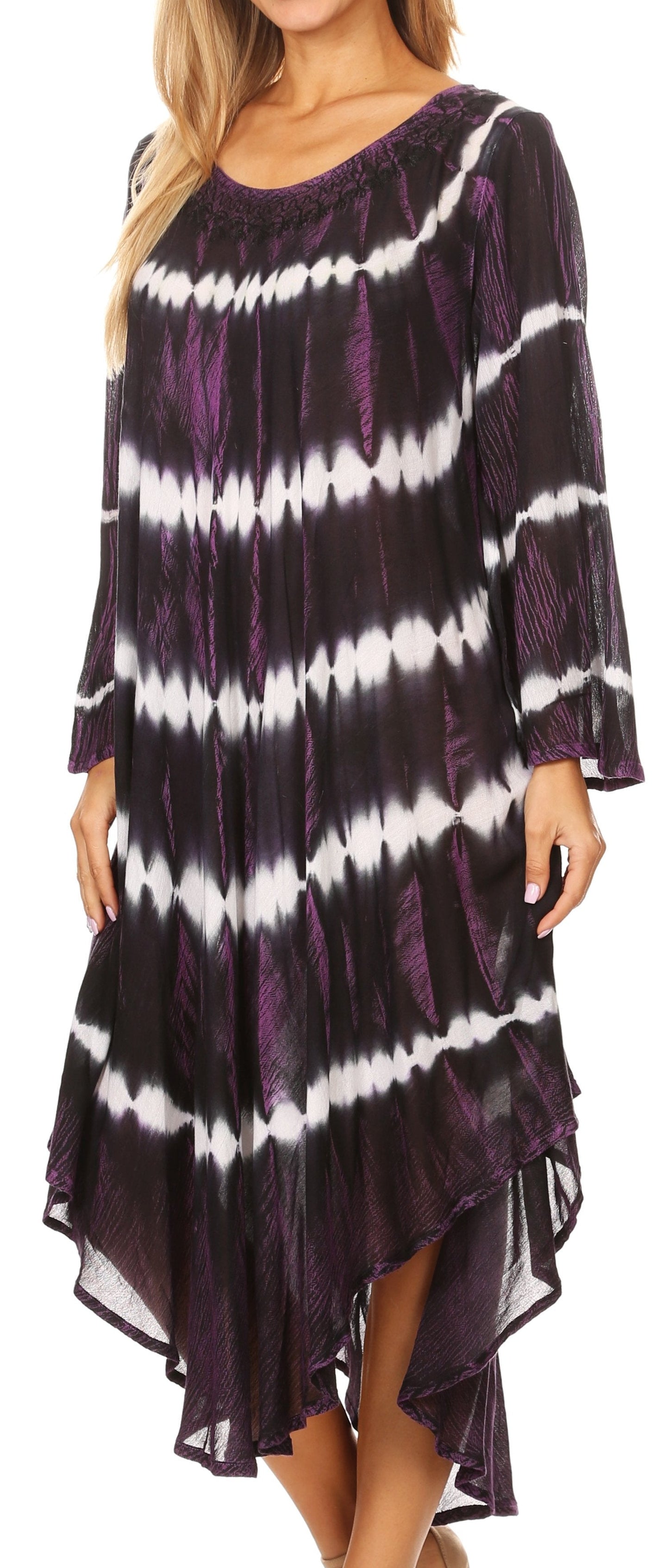 Sakkas Dori Women's Long Sleeves Casual Loose Swing Midi Dress Caftan Cover-up - Concordia Style Boutique