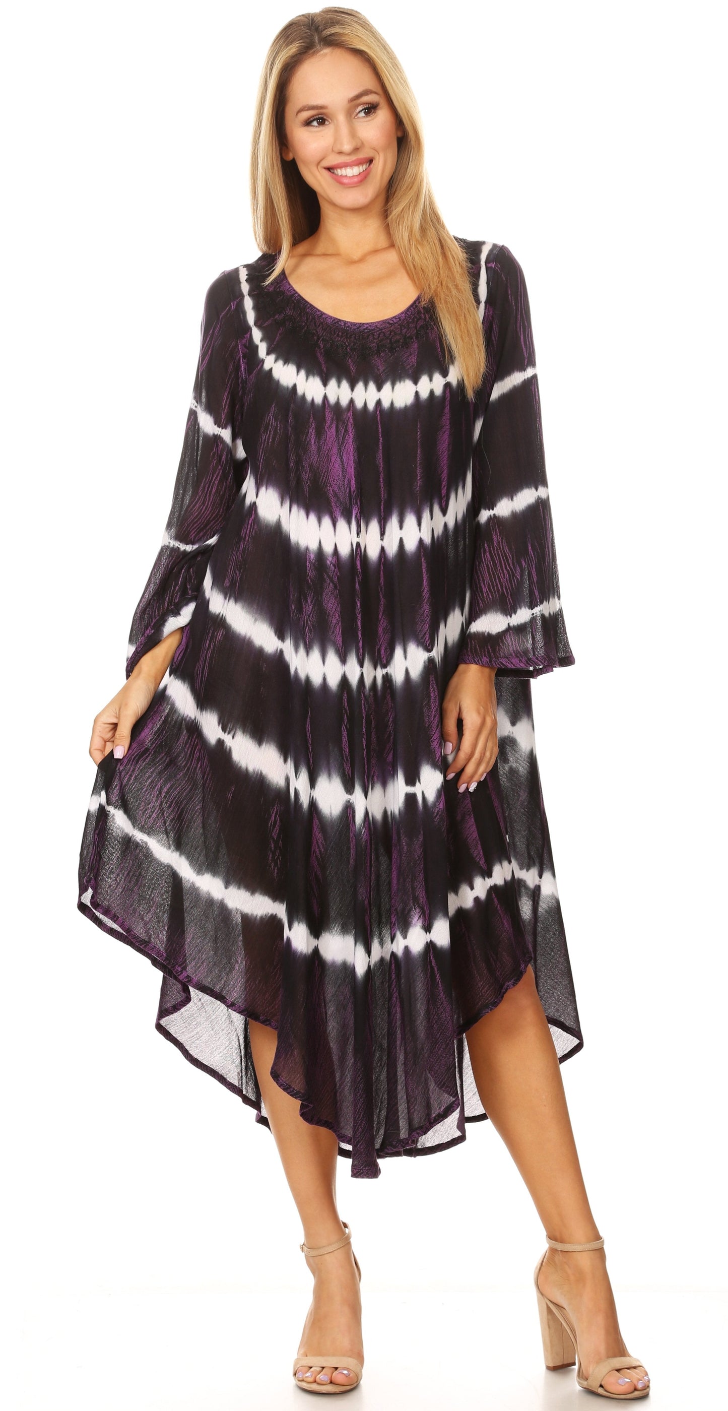 Sakkas Dori Women's Long Sleeves Casual Loose Swing Midi Dress Caftan Cover-up - Concordia Style Boutique