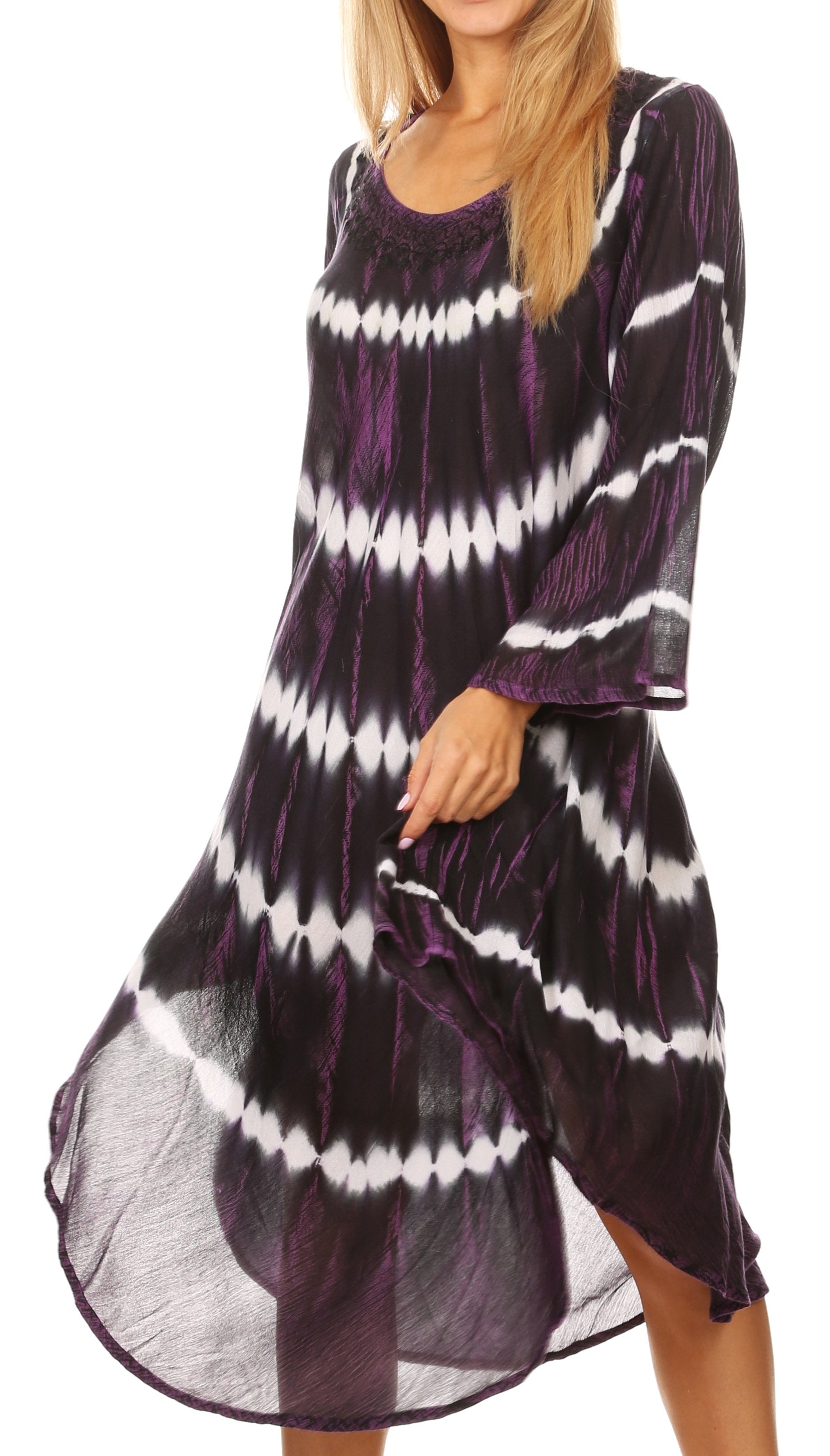 Sakkas Dori Women's Long Sleeves Casual Loose Swing Midi Dress Caftan Cover-up - Concordia Style Boutique