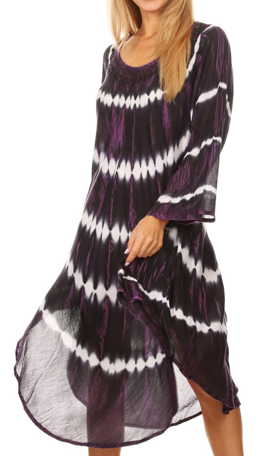 Sakkas Dori Women's Long Sleeves Casual Loose Swing Midi Dress Caftan Cover-up - Concordia Style Boutique