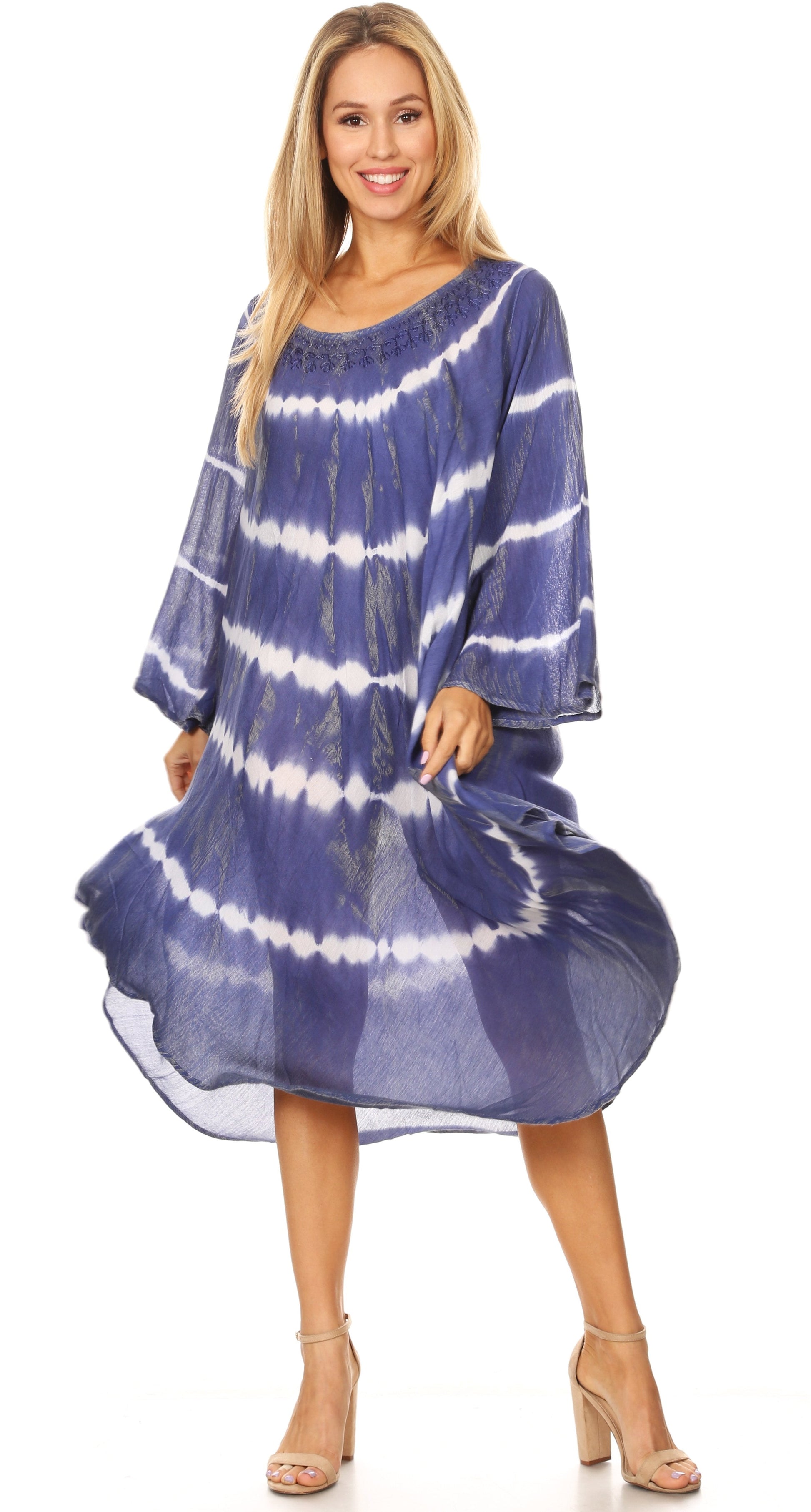 Sakkas Dori Women's Long Sleeves Casual Loose Swing Midi Dress Caftan Cover-up - Concordia Style Boutique