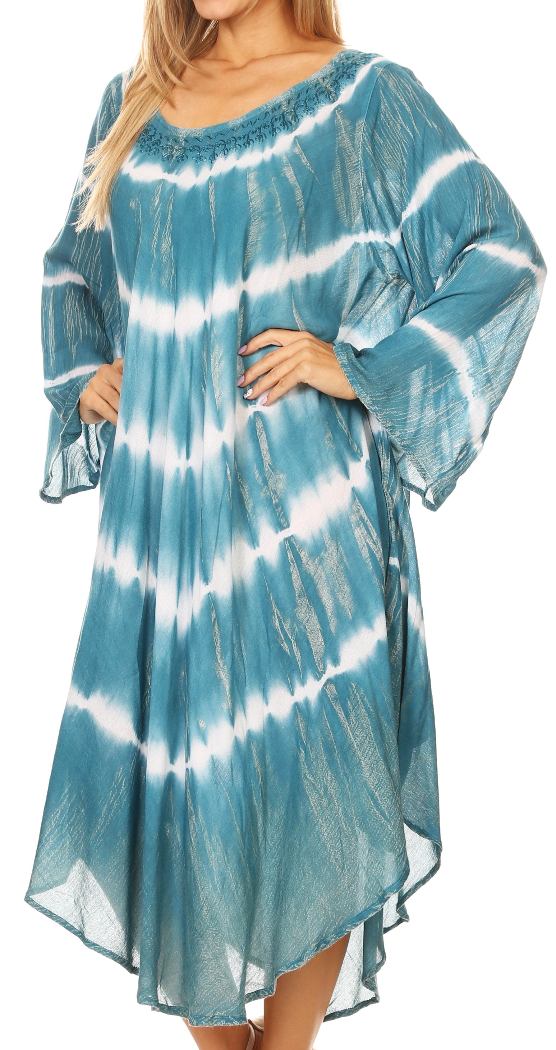 Sakkas Dori Women's Long Sleeves Casual Loose Swing Midi Dress Caftan Cover-up - Concordia Style Boutique