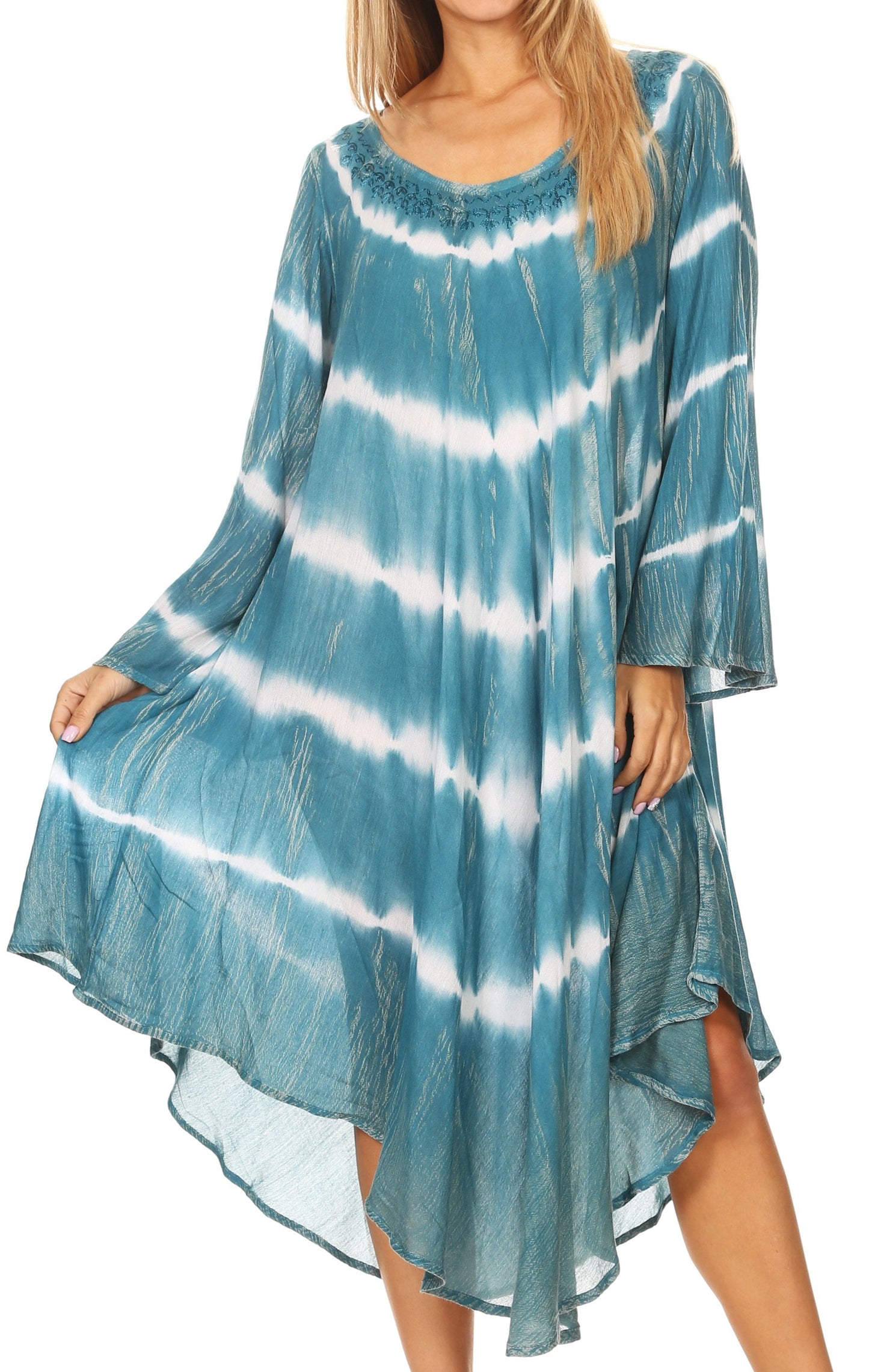 Sakkas Dori Women's Long Sleeves Casual Loose Swing Midi Dress Caftan Cover-up - Concordia Style Boutique