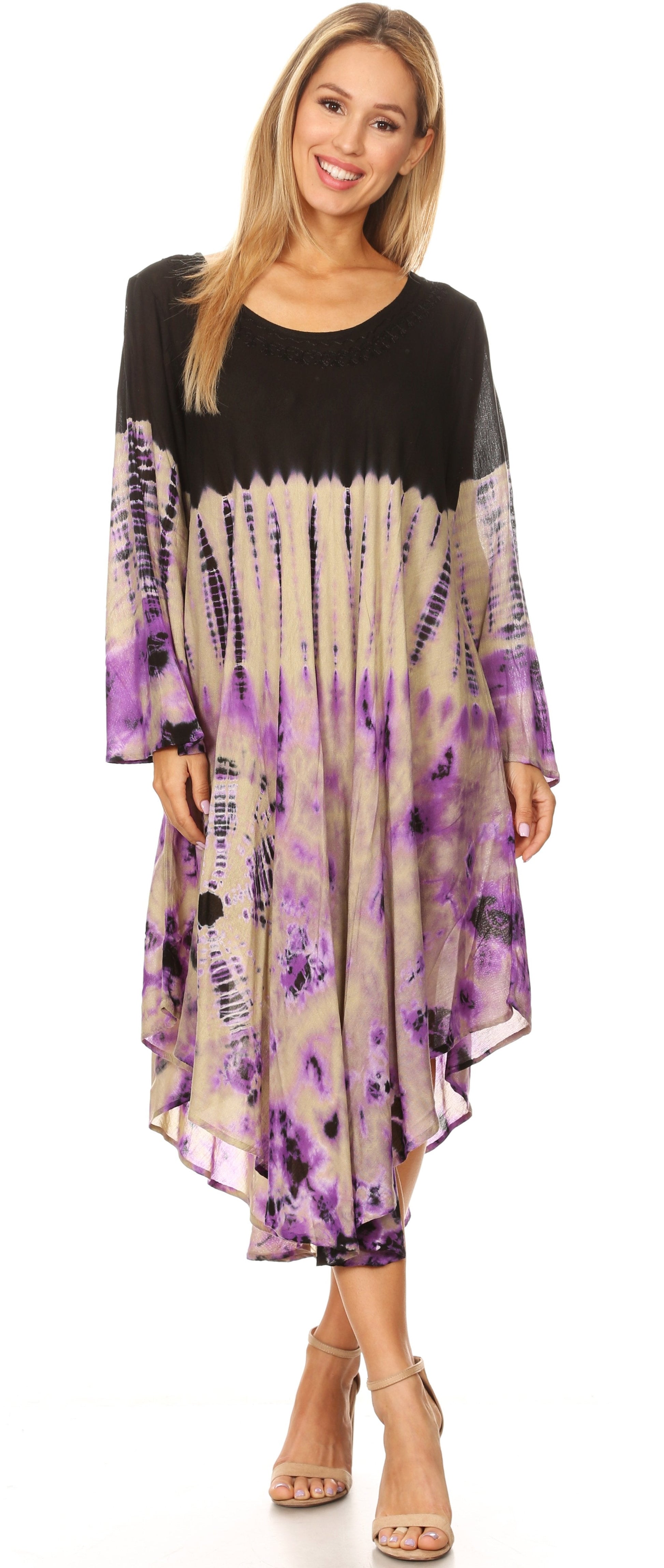 Sakkas Dori Women's Long Sleeves Casual Loose Swing Midi Dress Caftan Cover-up - Concordia Style Boutique