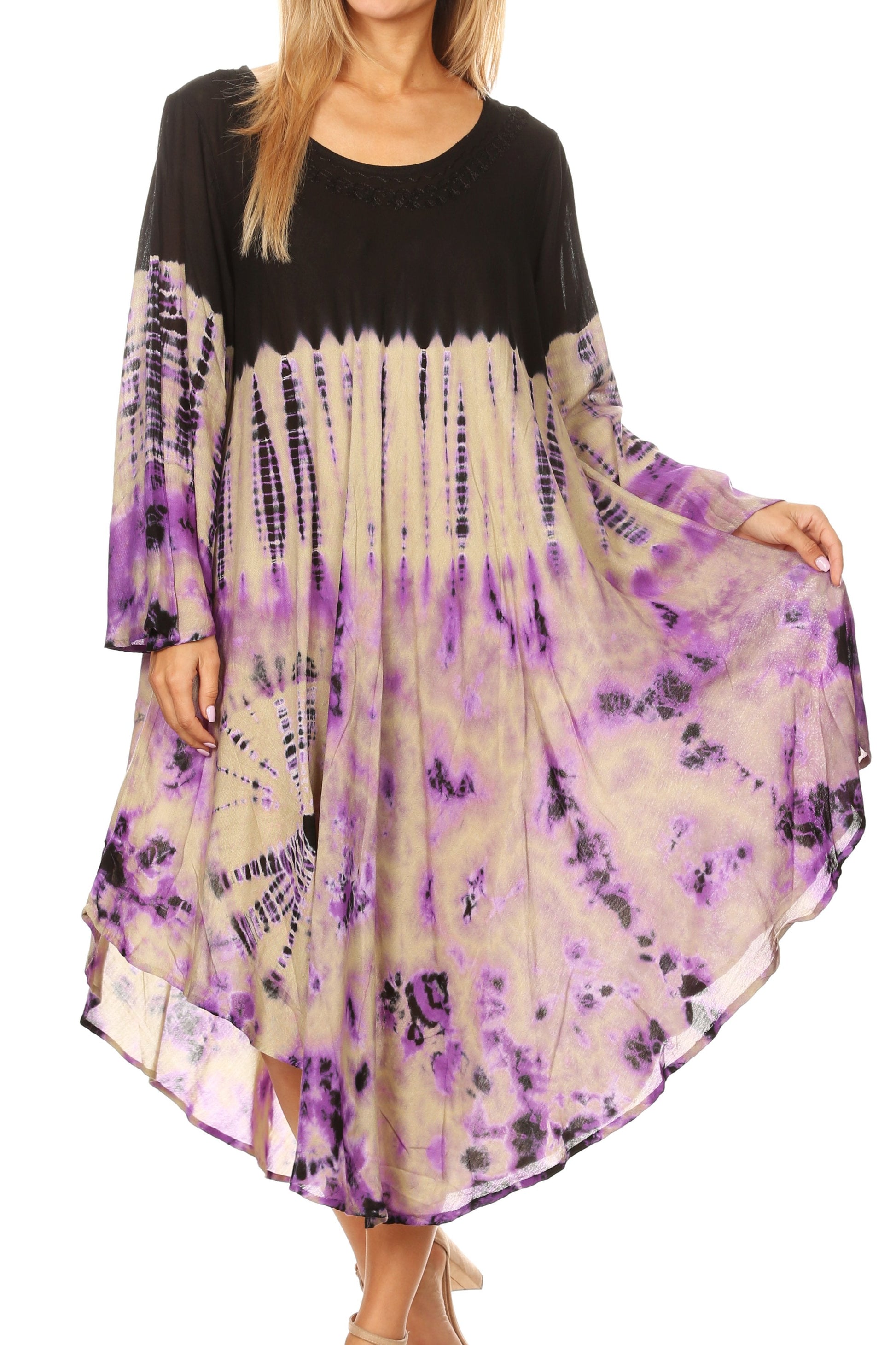 Sakkas Dori Women's Long Sleeves Casual Loose Swing Midi Dress Caftan Cover-up - Concordia Style Boutique