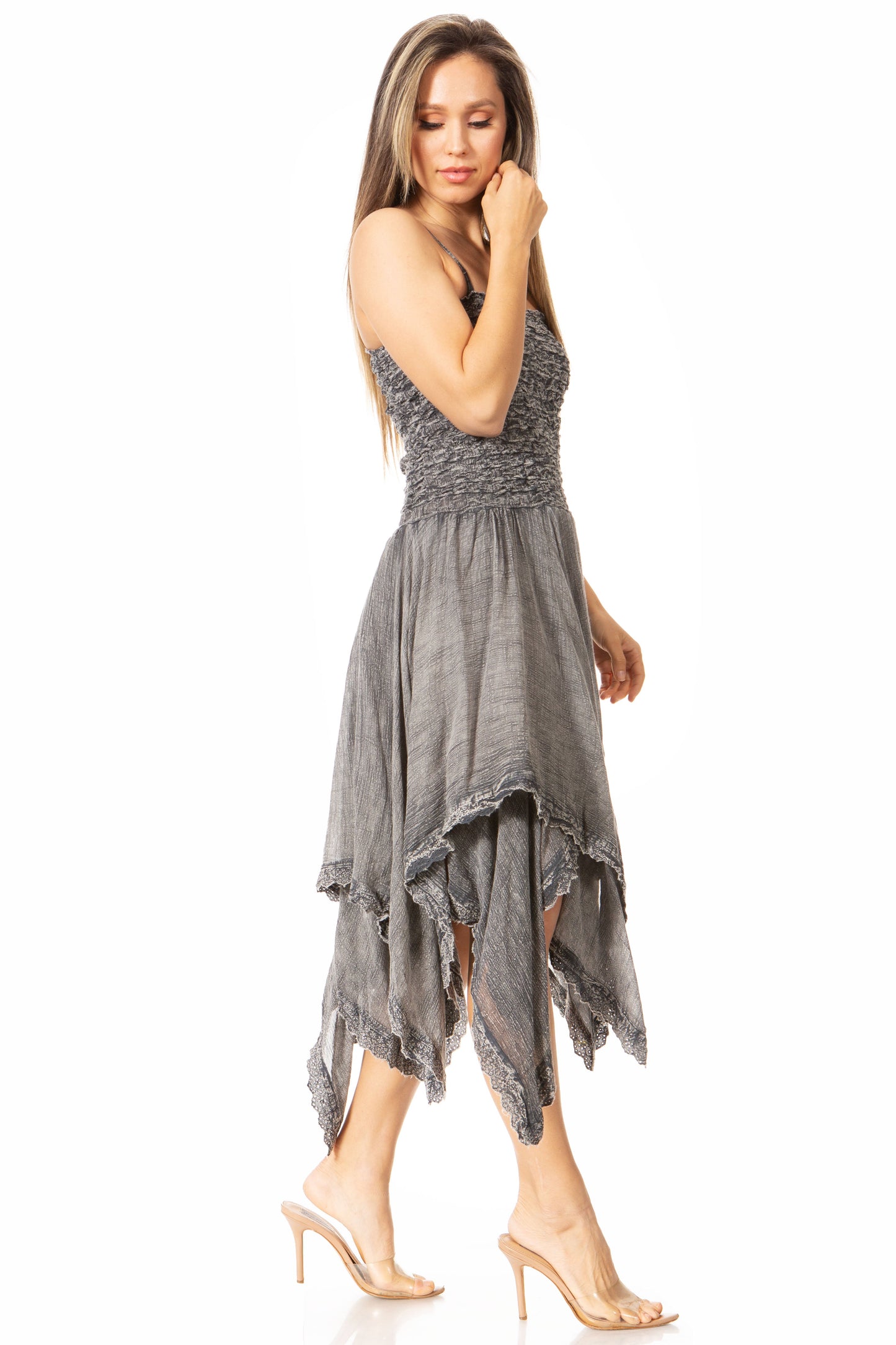 Sakkas Ella Smocked Bodice Spaghetti Strap Double Layered Dress - Concordia Style Boutique