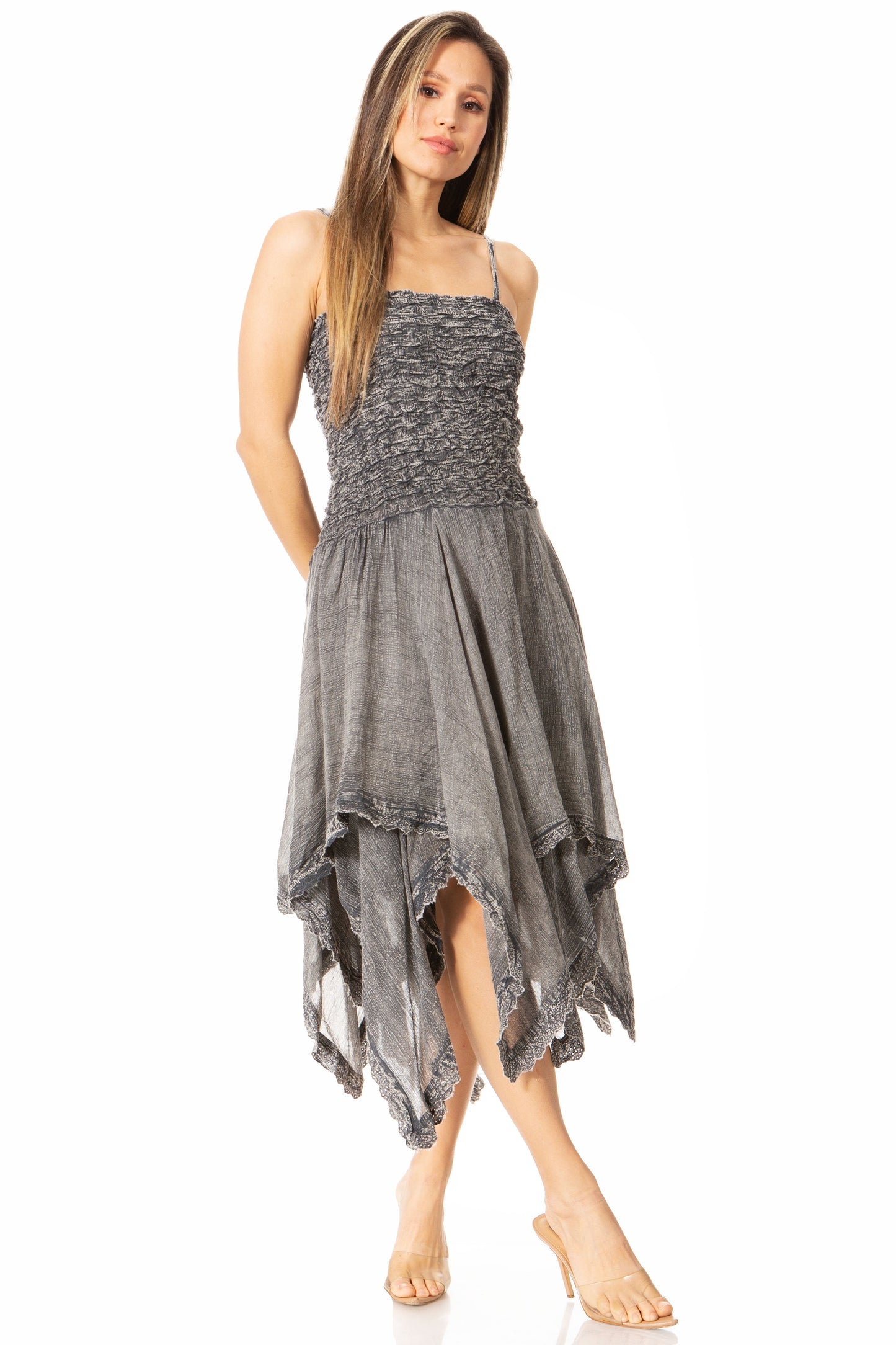 Sakkas Ella Smocked Bodice Spaghetti Strap Double Layered Dress - Concordia Style Boutique
