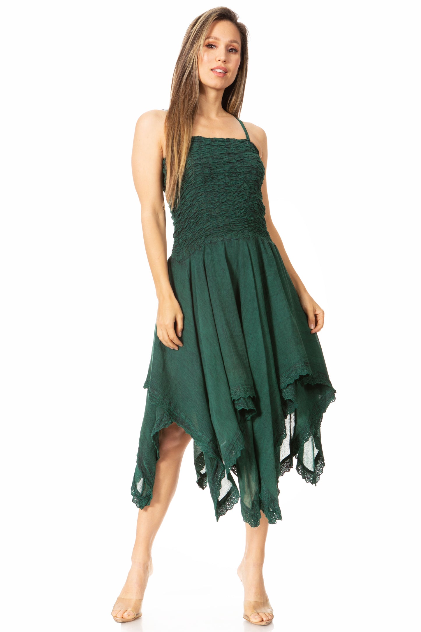 Sakkas Ella Smocked Bodice Spaghetti Strap Double Layered Dress - Concordia Style Boutique