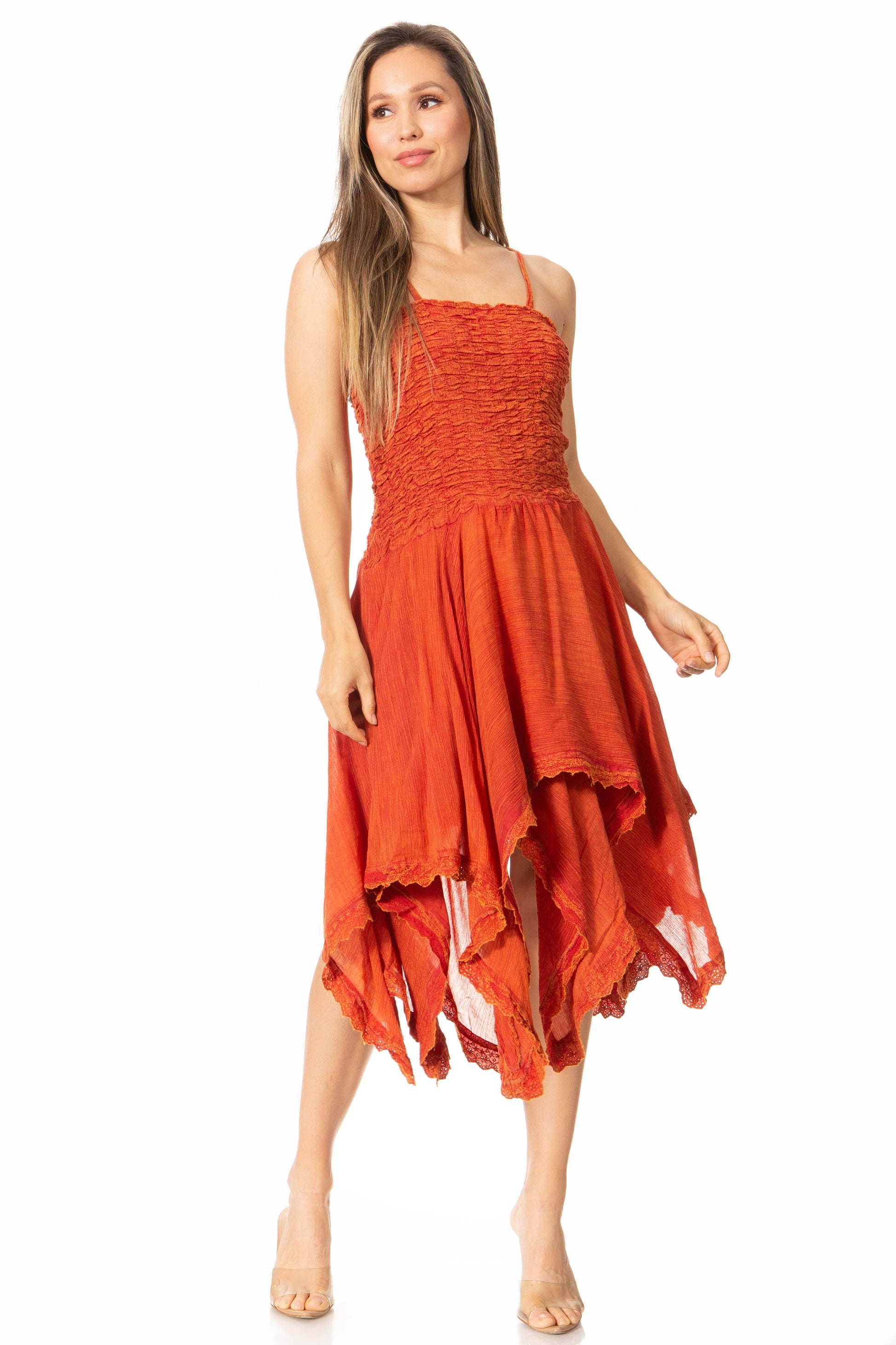 Sakkas Ella Smocked Bodice Spaghetti Strap Double Layered Dress - Concordia Style Boutique