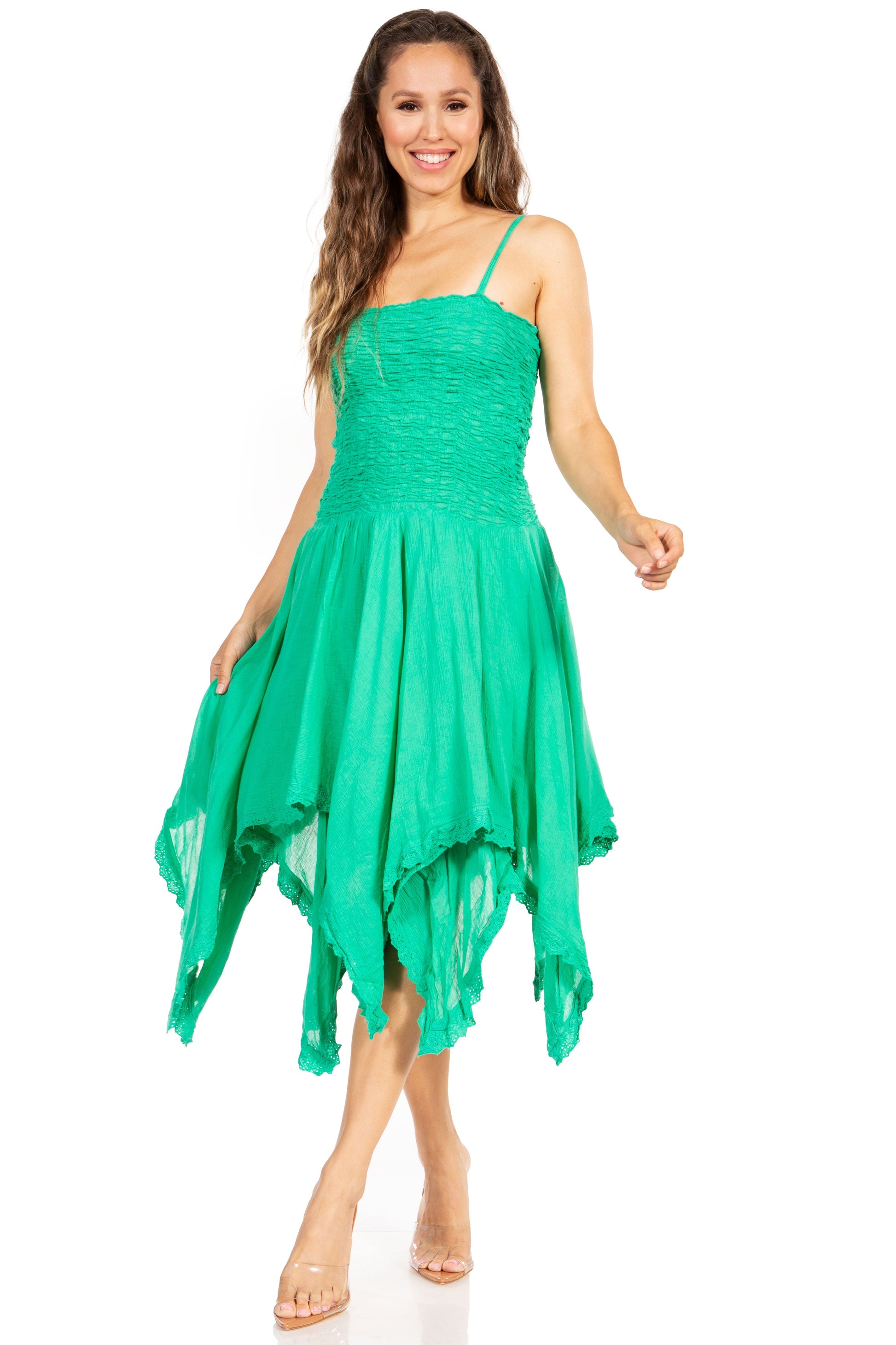 Sakkas Ella Smocked Bodice Spaghetti Strap Double Layered Dress - Concordia Style Boutique