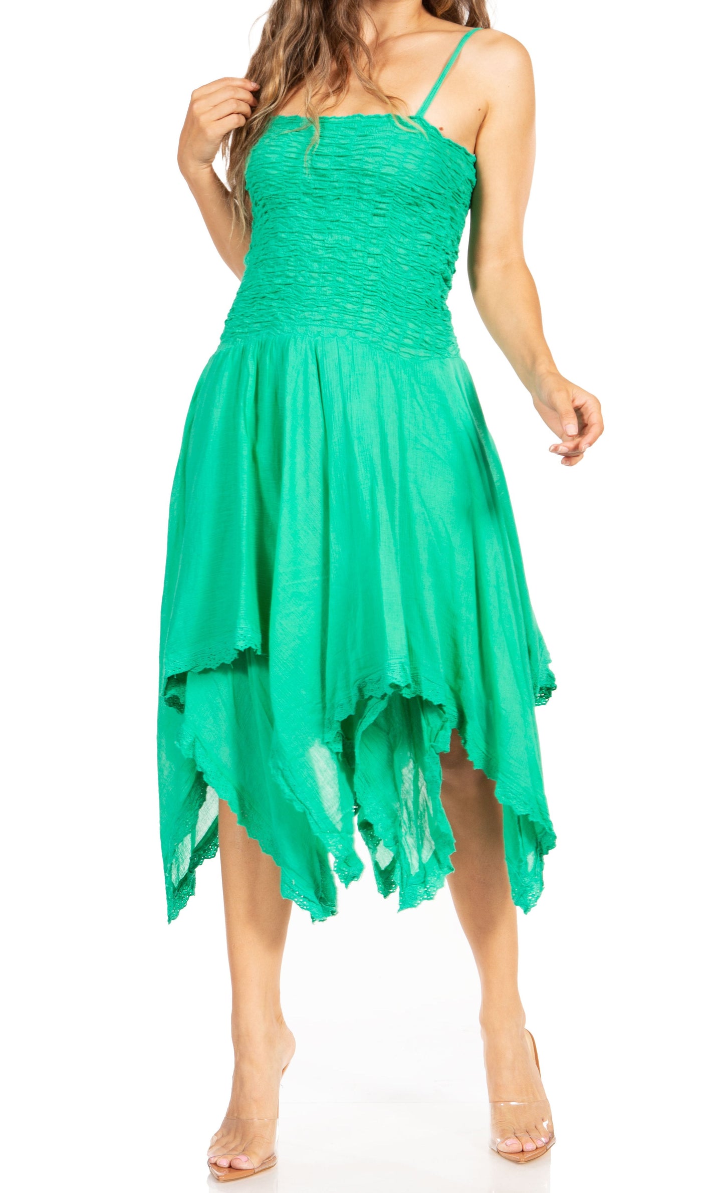 Sakkas Ella Smocked Bodice Spaghetti Strap Double Layered Dress - Concordia Style Boutique