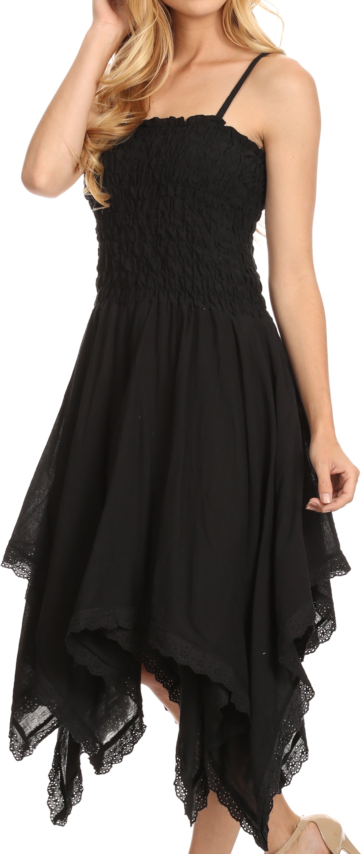Sakkas Ella Smocked Bodice Spaghetti Strap Double Layered Dress - Concordia Style Boutique