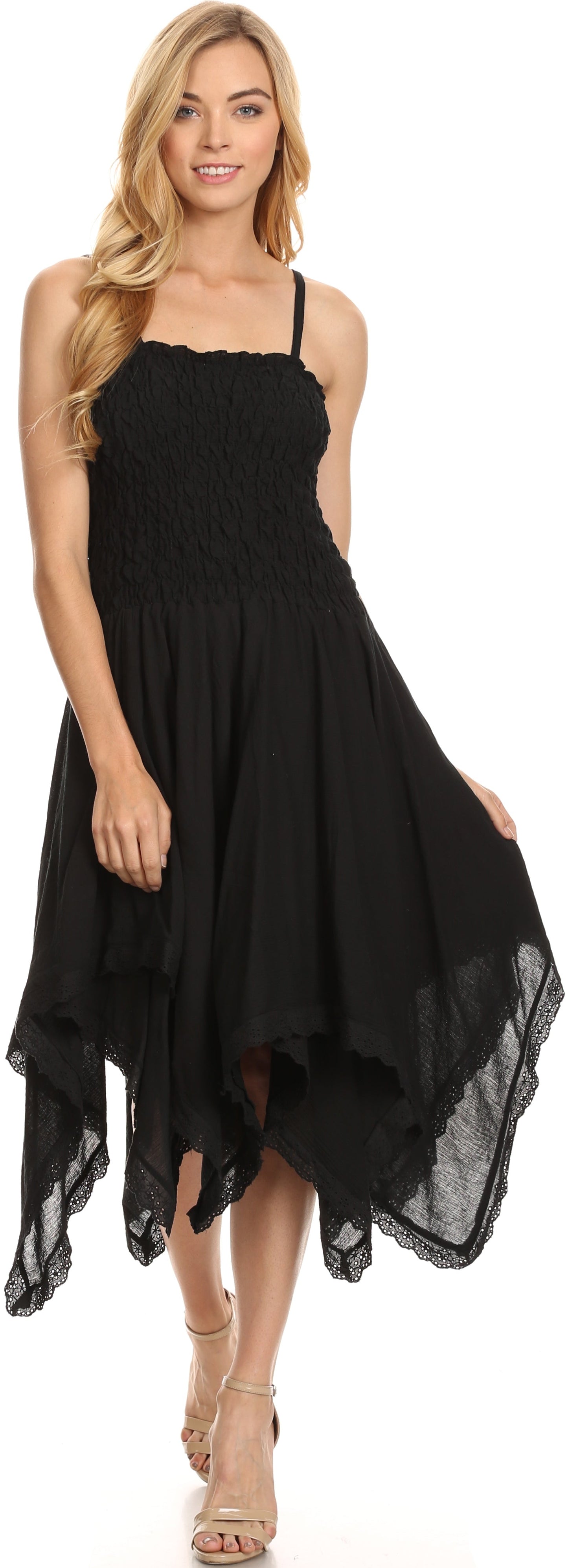 Sakkas Ella Smocked Bodice Spaghetti Strap Double Layered Dress - Concordia Style Boutique
