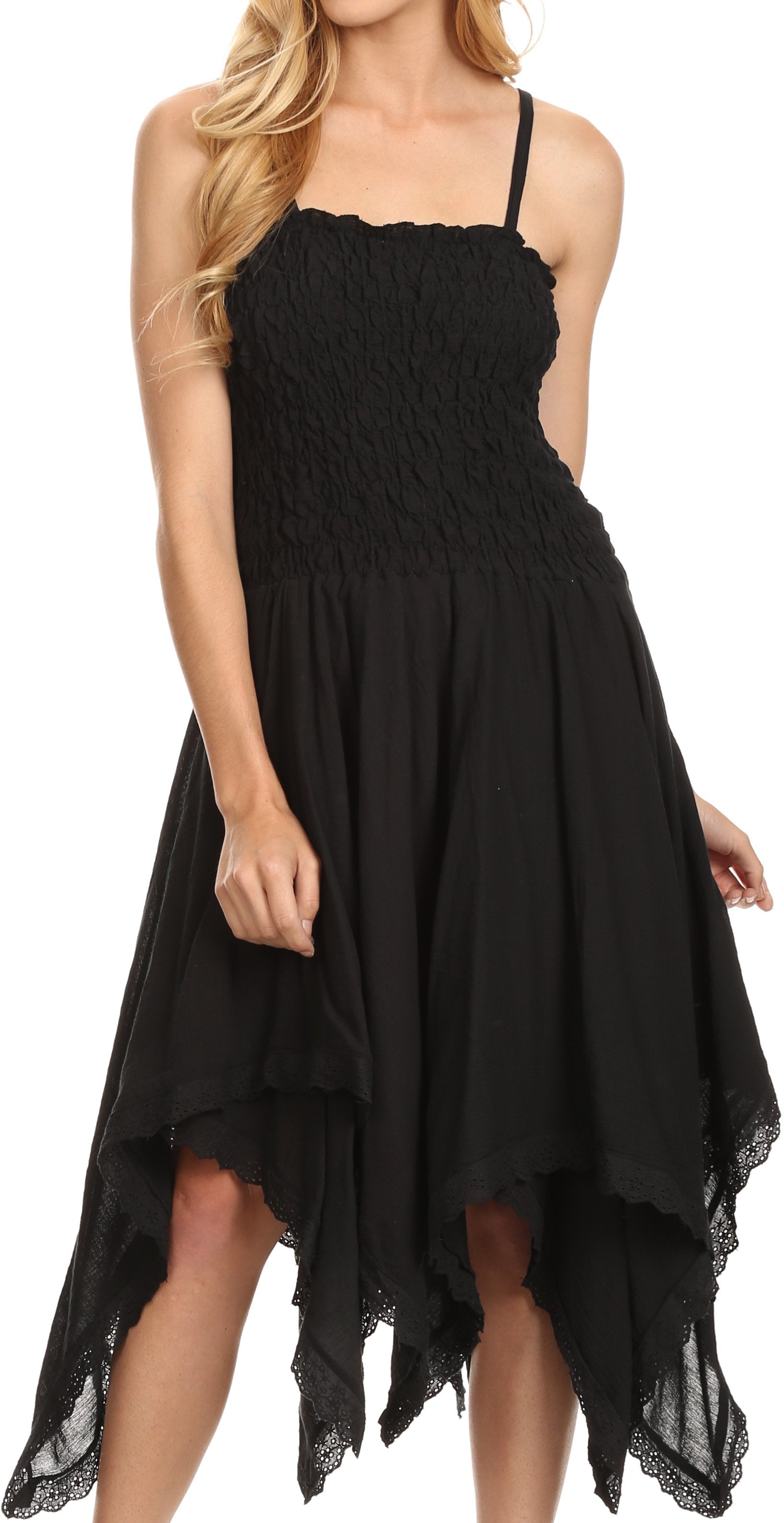 Sakkas Ella Smocked Bodice Spaghetti Strap Double Layered Dress - Concordia Style Boutique