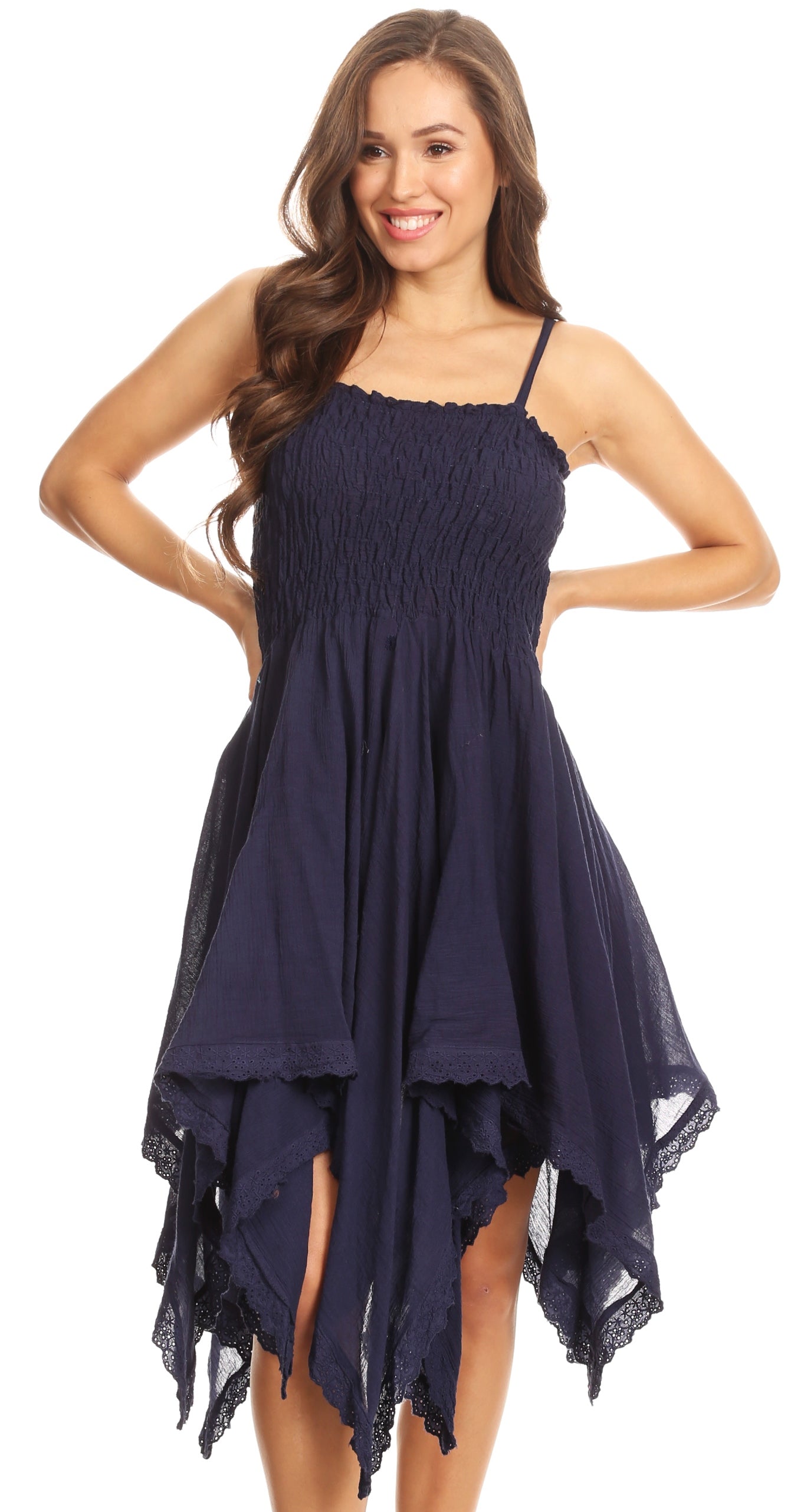 Sakkas Ella Smocked Bodice Spaghetti Strap Double Layered Dress - Concordia Style Boutique