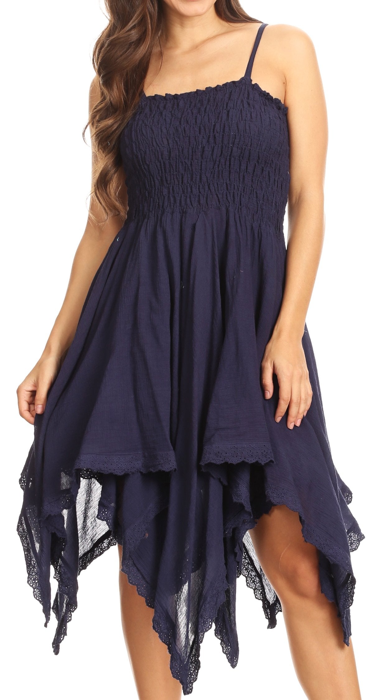 Sakkas Ella Smocked Bodice Spaghetti Strap Double Layered Dress - Concordia Style Boutique