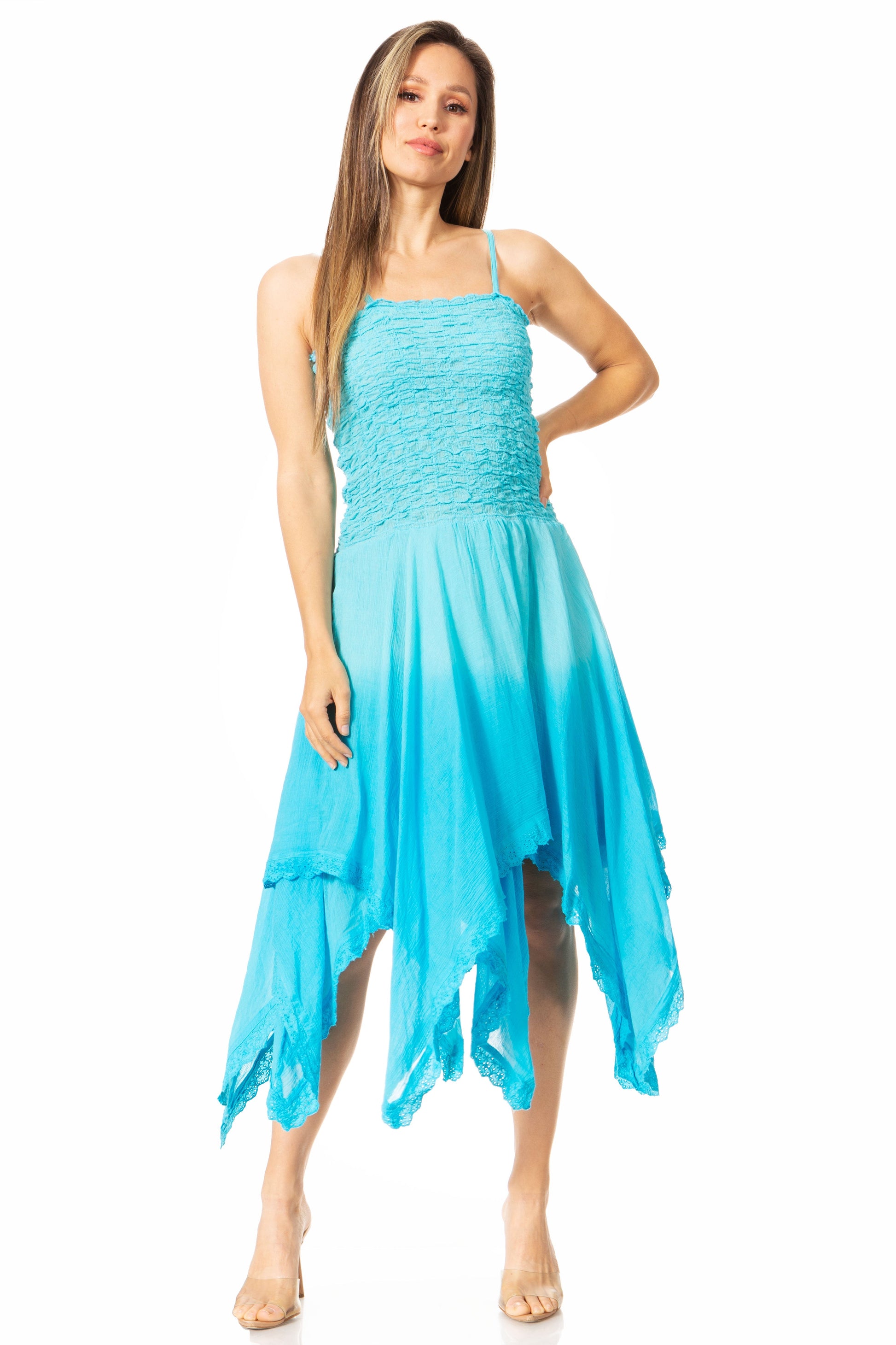 Sakkas Ella Smocked Bodice Spaghetti Strap Double Layered Dress - Concordia Style Boutique