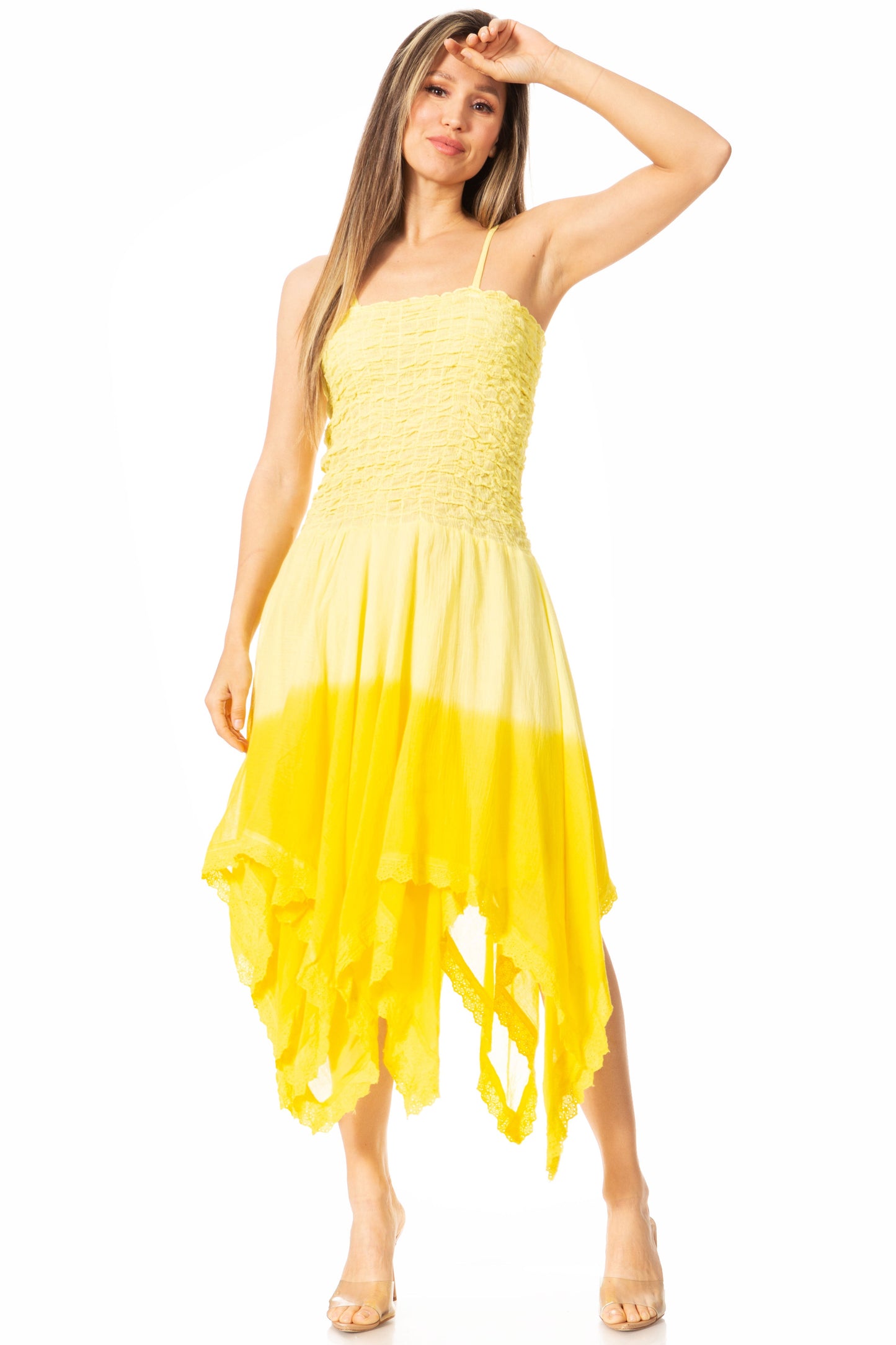 Sakkas Ella Smocked Bodice Spaghetti Strap Double Layered Dress - Concordia Style Boutique