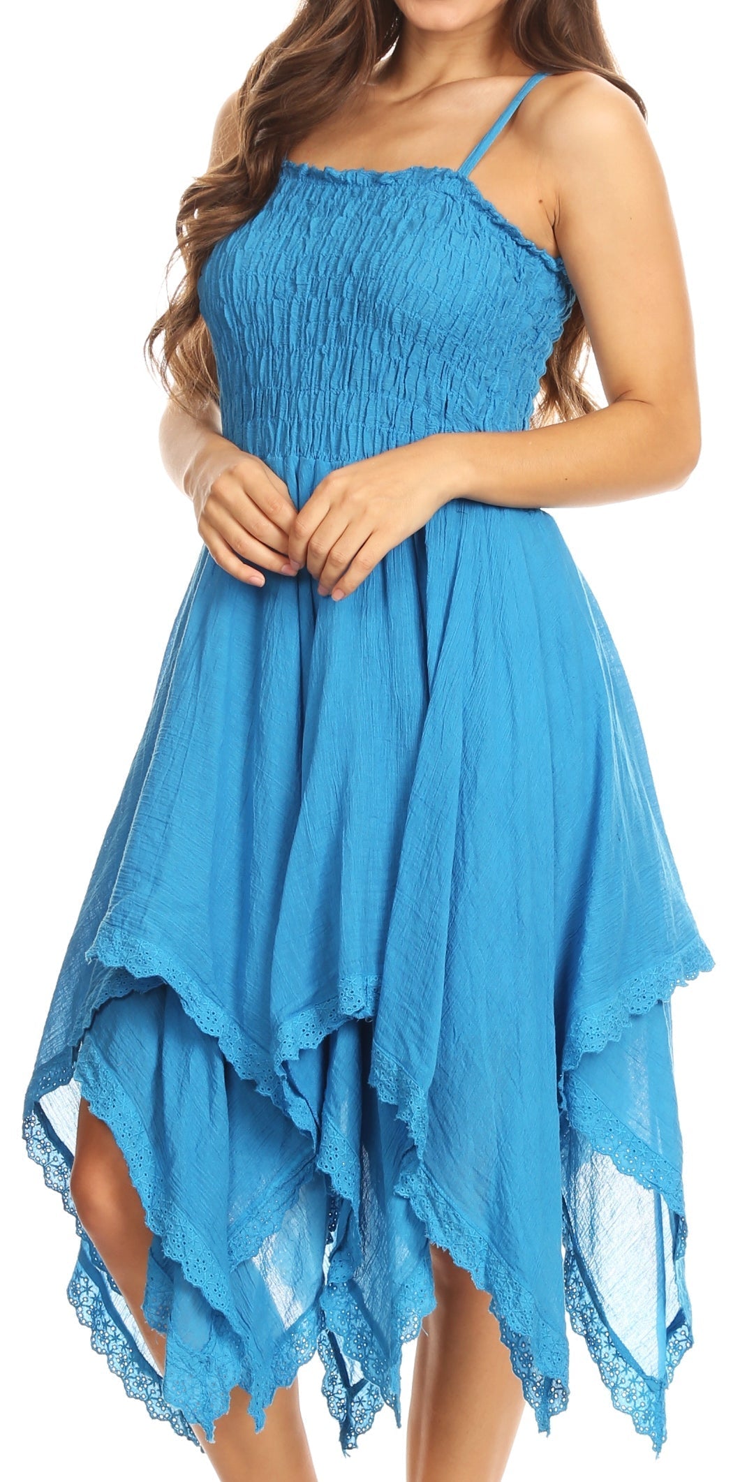 Sakkas Ella Smocked Bodice Spaghetti Strap Double Layered Dress - Concordia Style Boutique