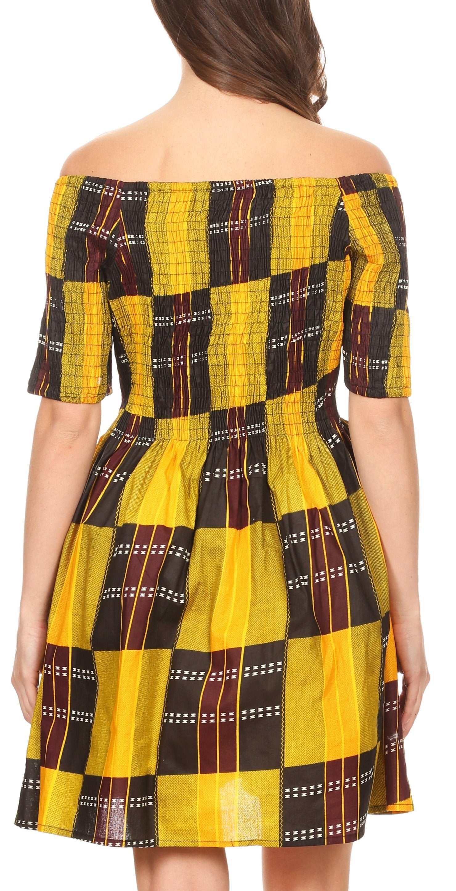 Sakkas Ife Wax African Ankara Colorful Cocktail Short Dress Off-shoulder w/pockets - Concordia Style Boutique