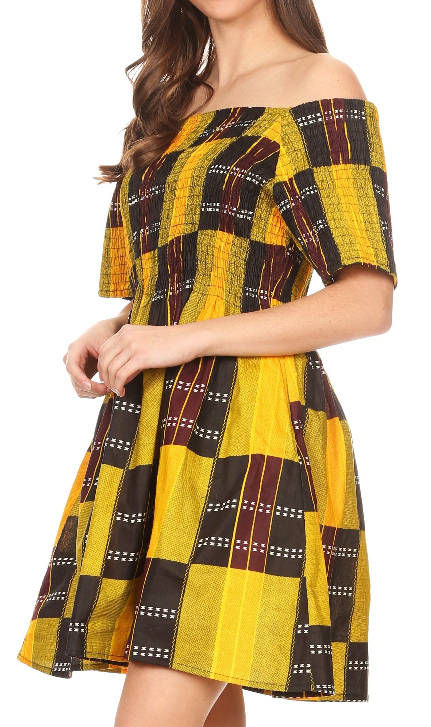 Sakkas Ife Wax African Ankara Colorful Cocktail Short Dress Off-shoulder w/pockets - Concordia Style Boutique