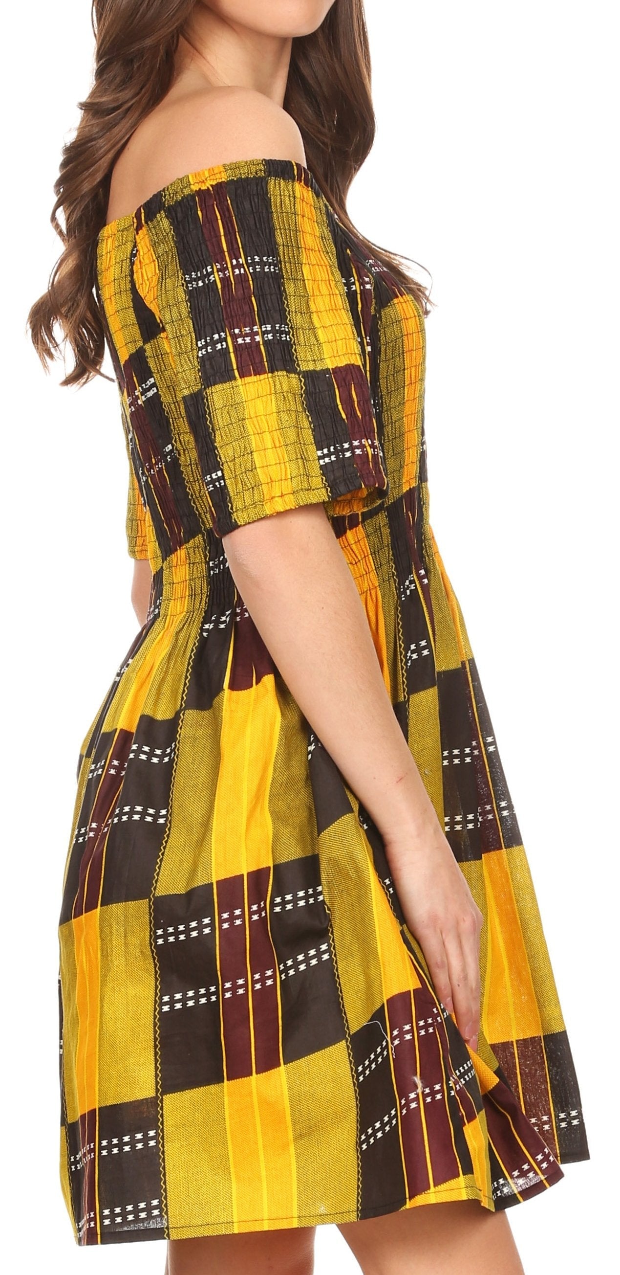 Sakkas Ife Wax African Ankara Colorful Cocktail Short Dress Off-shoulder w/pockets - Concordia Style Boutique