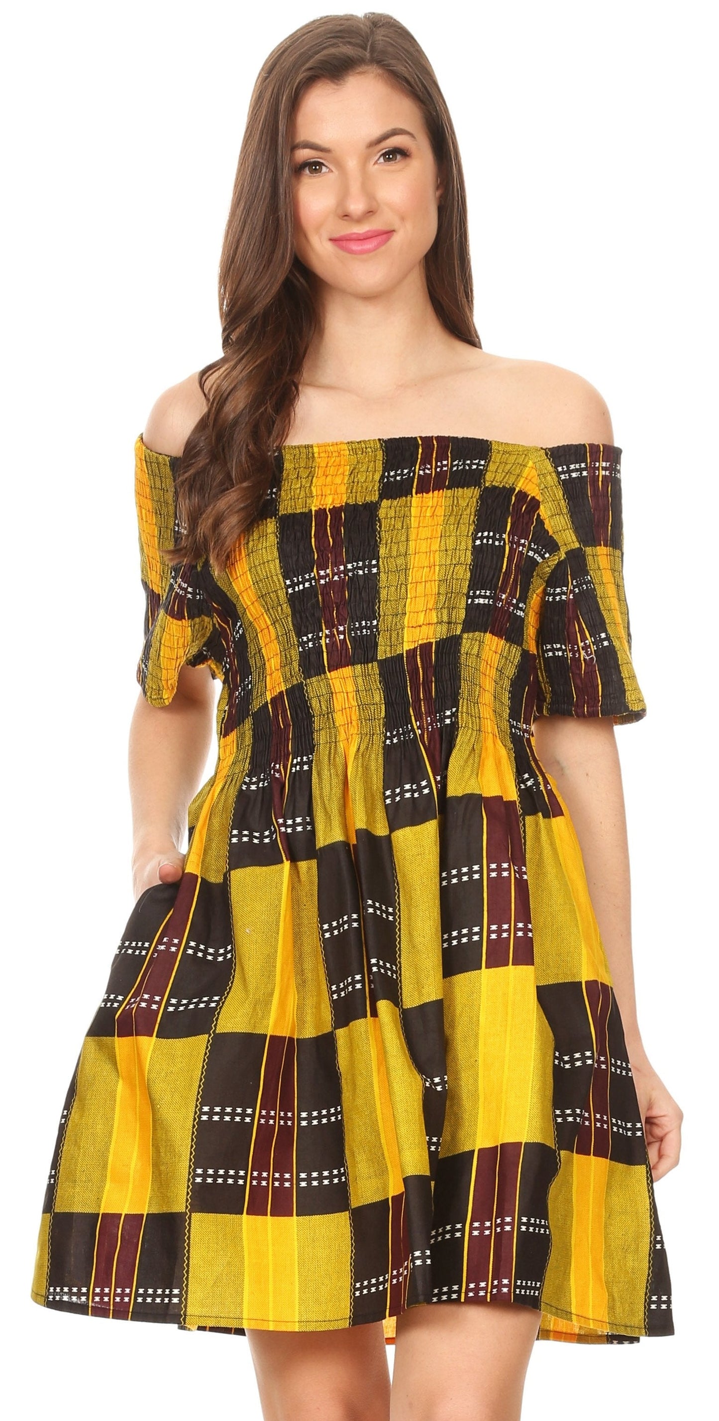Sakkas Ife Wax African Ankara Colorful Cocktail Short Dress Off-shoulder w/pockets - Concordia Style Boutique