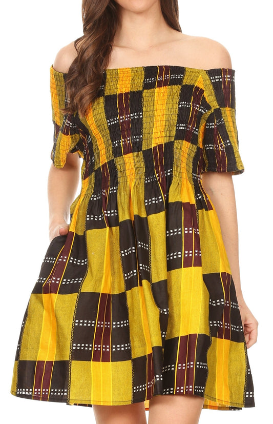 Sakkas Ife Wax African Ankara Colorful Cocktail Short Dress Off-shoulder w/pockets - Concordia Style Boutique