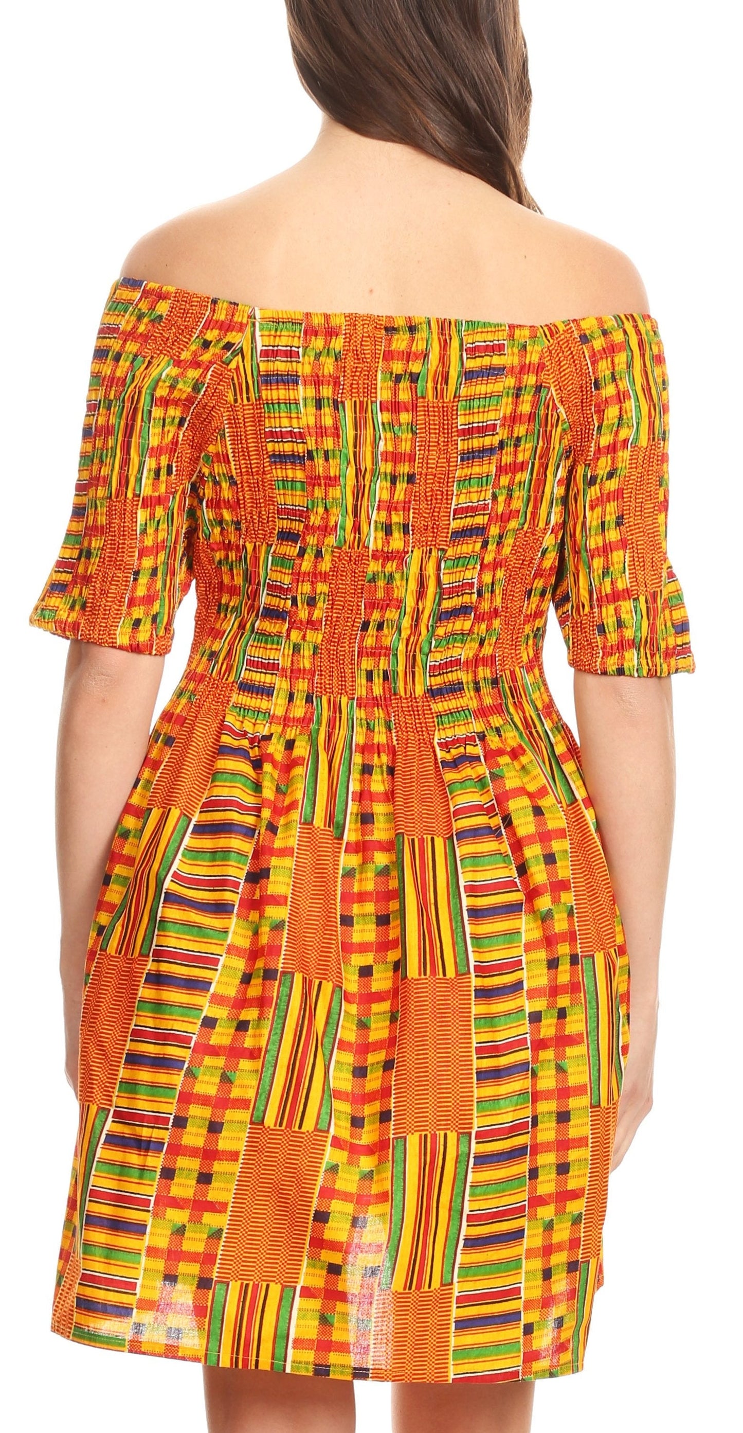 Sakkas Ife Wax African Ankara Colorful Cocktail Short Dress Off-shoulder w/pockets - Concordia Style Boutique