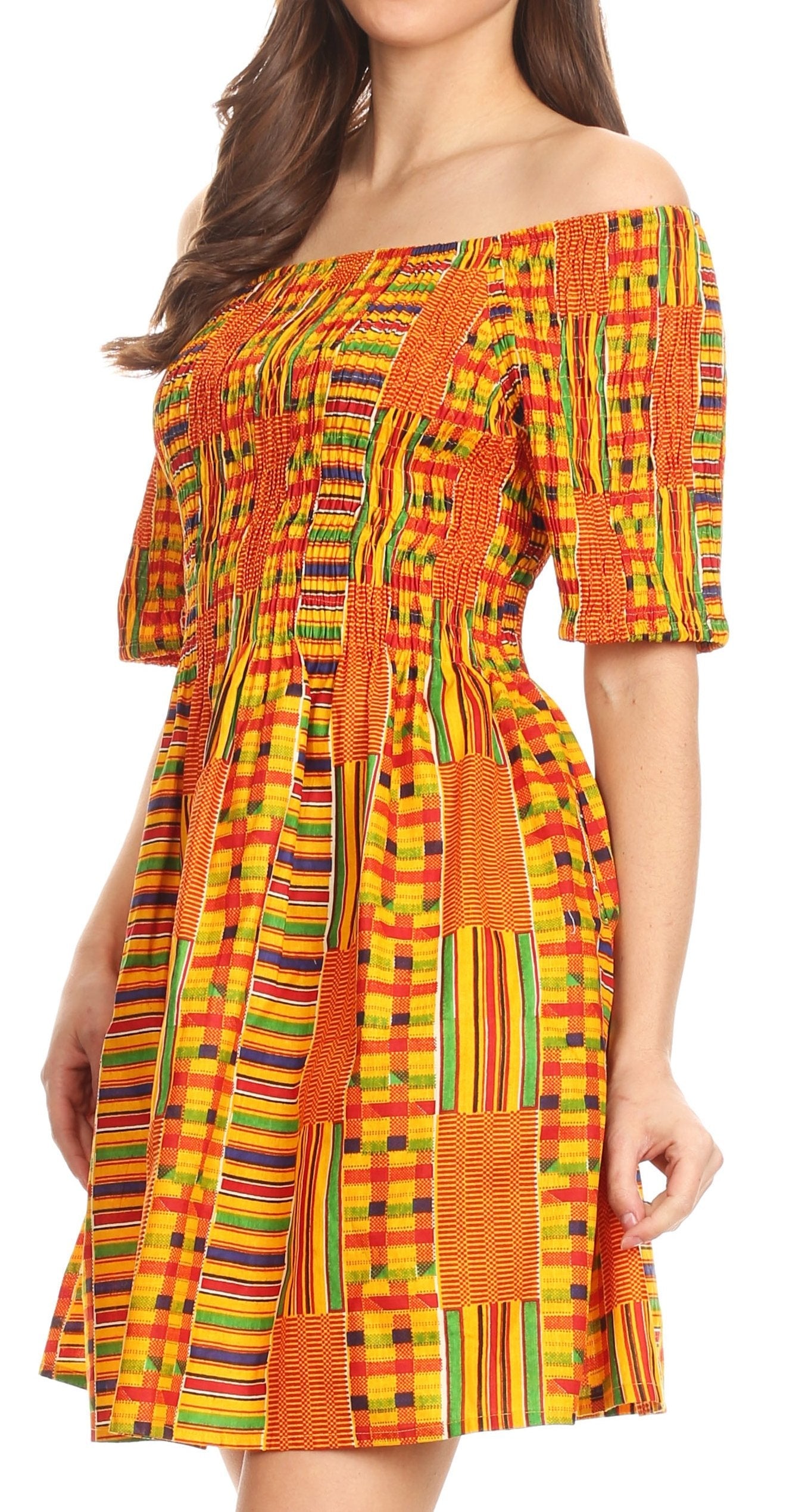 Sakkas Ife Wax African Ankara Colorful Cocktail Short Dress Off-shoulder w/pockets - Concordia Style Boutique