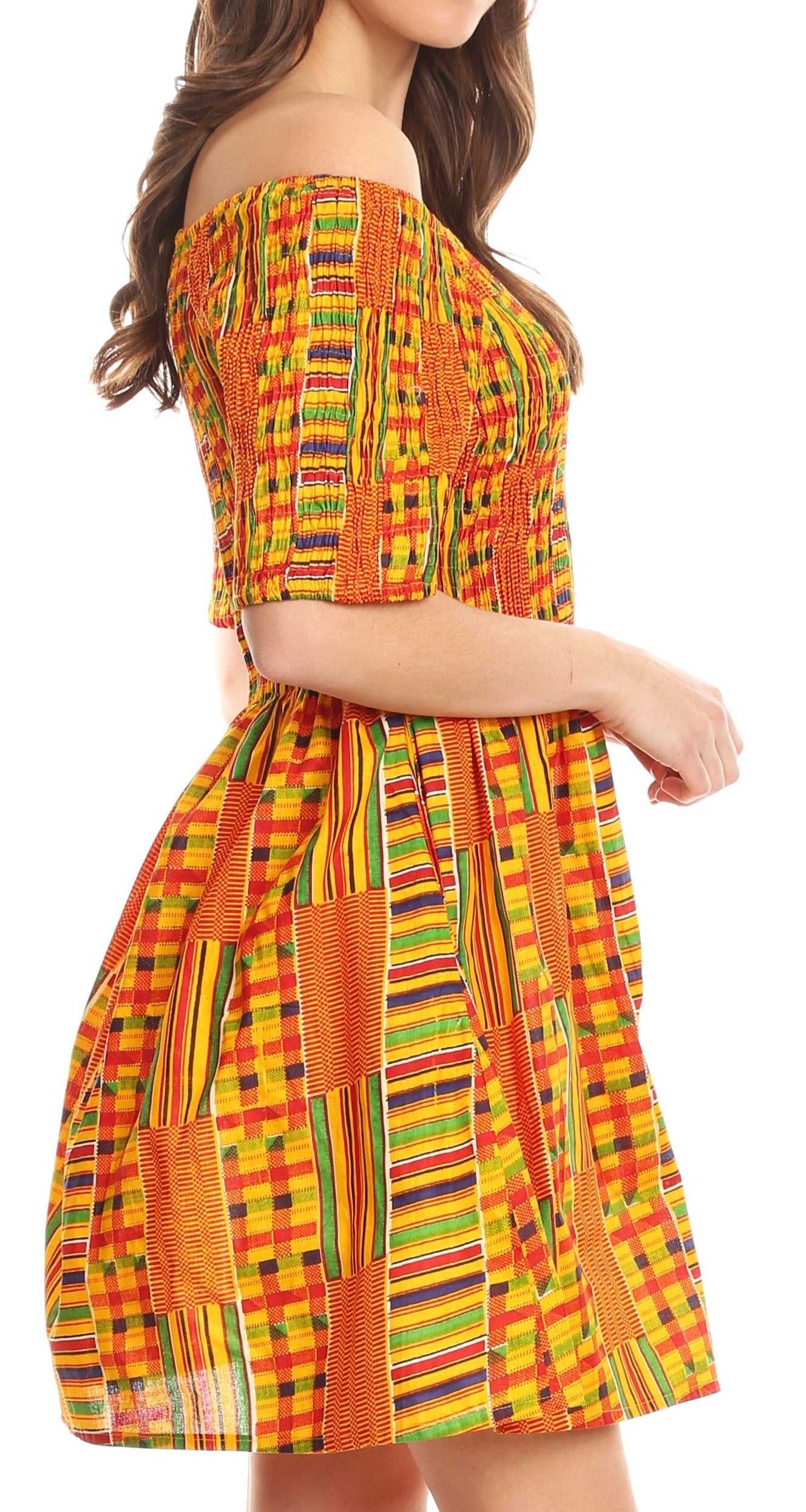 Sakkas Ife Wax African Ankara Colorful Cocktail Short Dress Off-shoulder w/pockets - Concordia Style Boutique