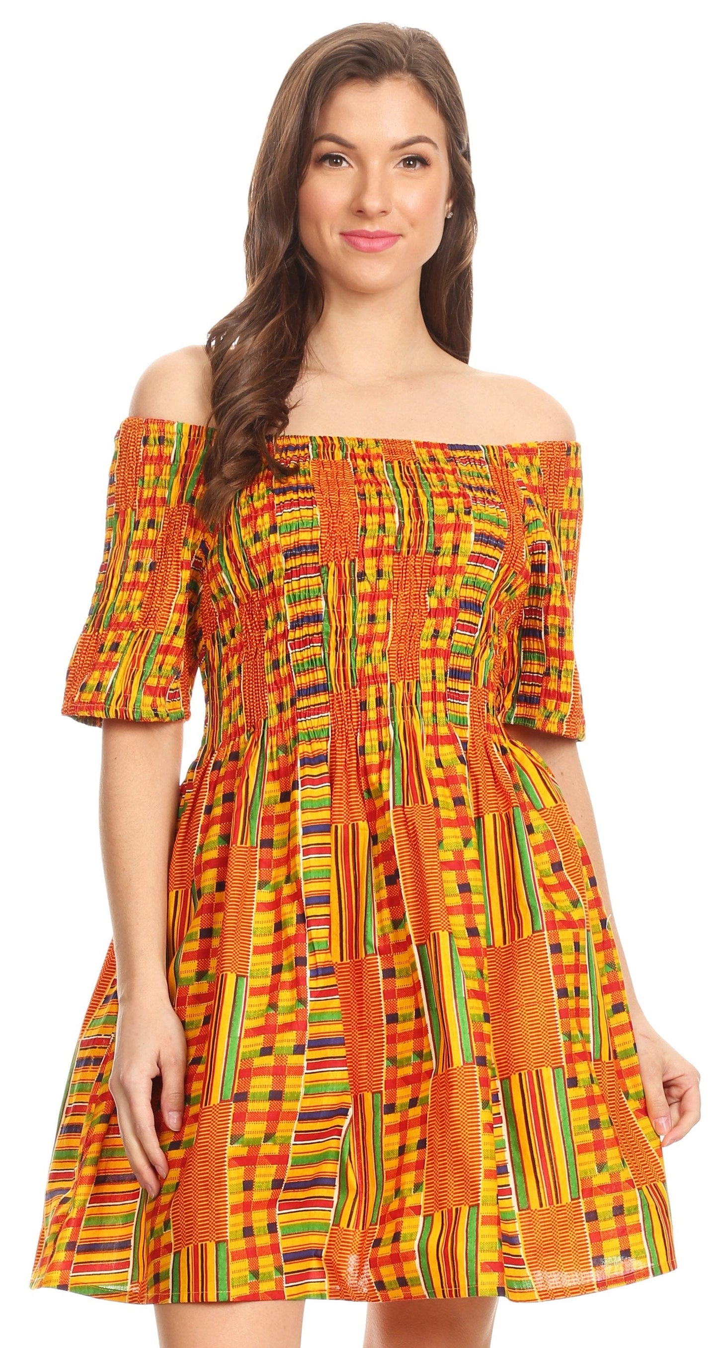 Sakkas Ife Wax African Ankara Colorful Cocktail Short Dress Off-shoulder w/pockets - Concordia Style Boutique