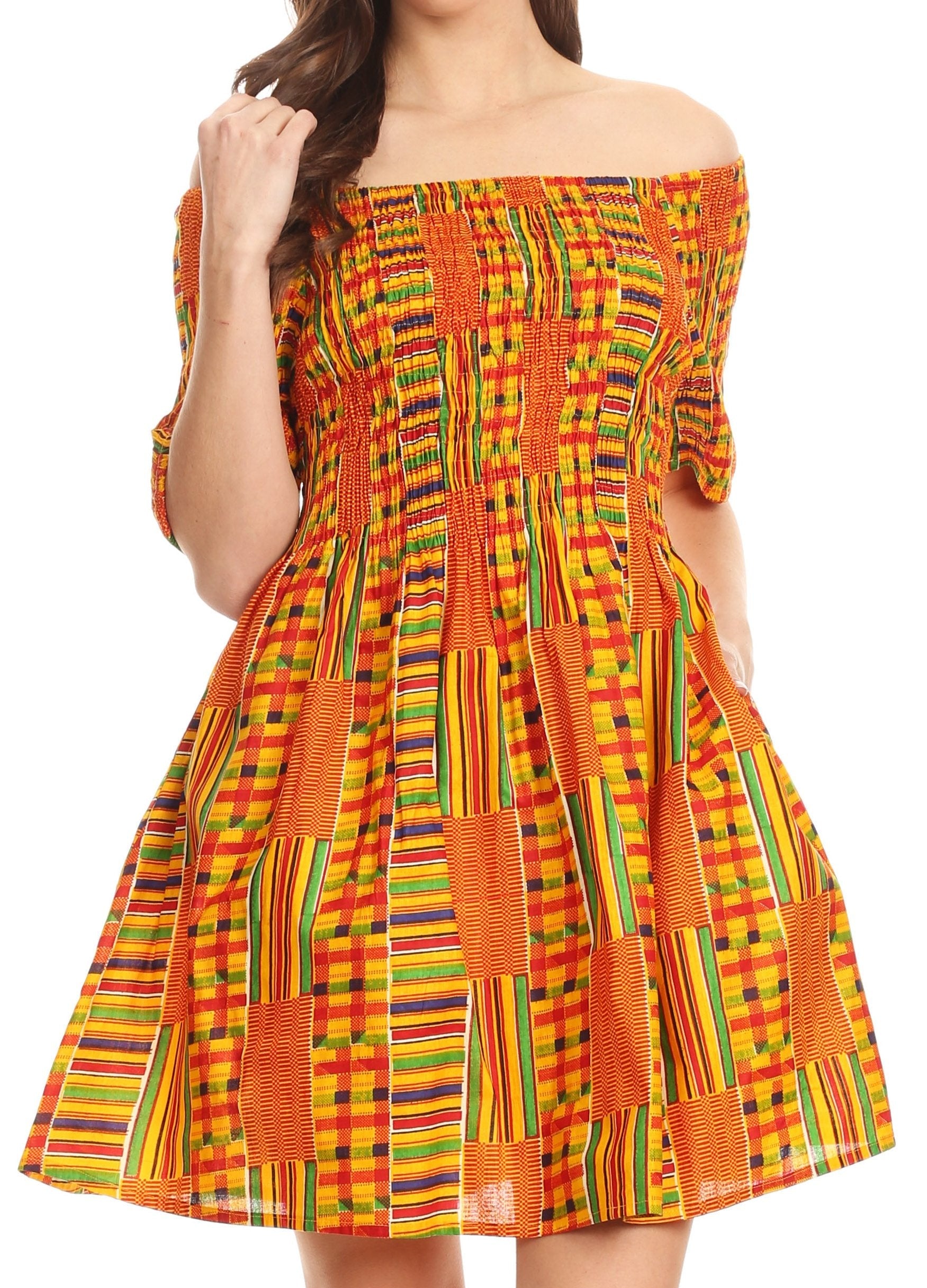 Sakkas Ife Wax African Ankara Colorful Cocktail Short Dress Off-shoulder w/pockets - Concordia Style Boutique