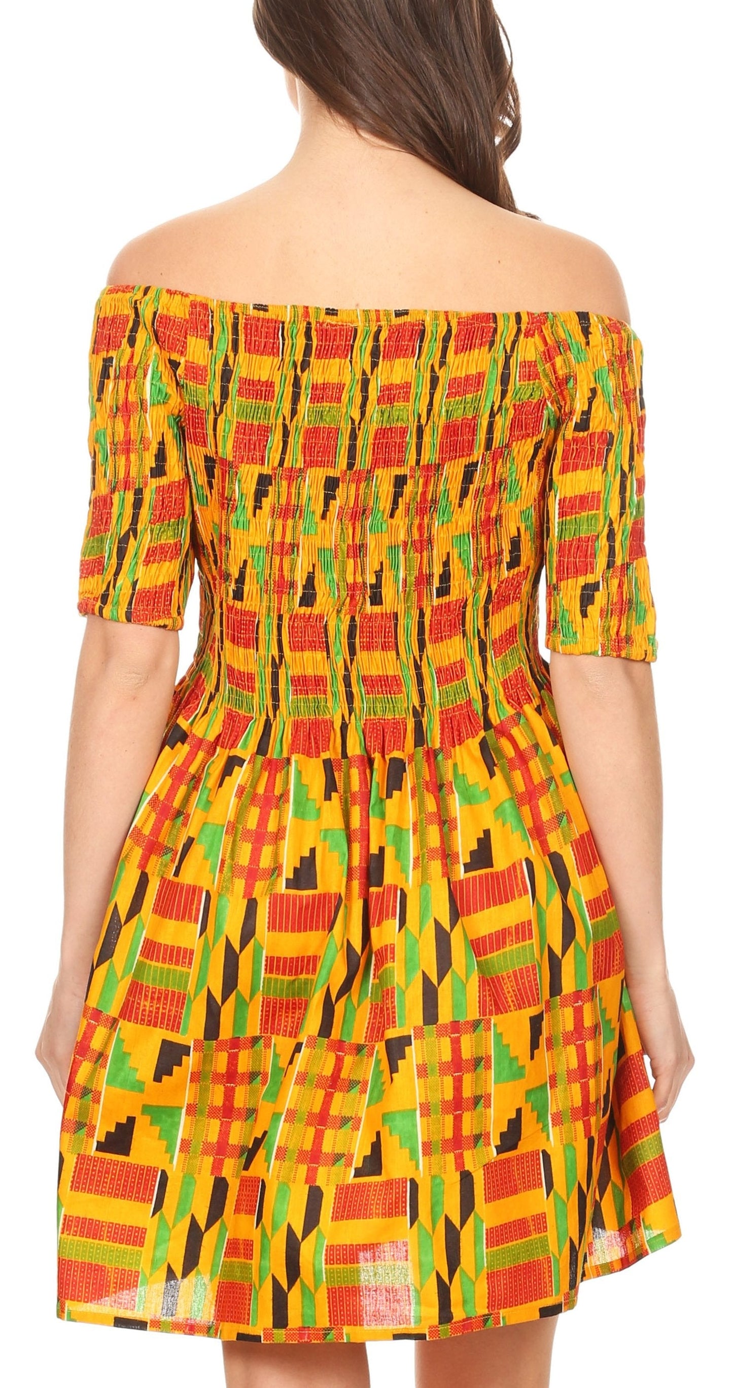 Sakkas Ife Wax African Ankara Colorful Cocktail Short Dress Off-shoulder w/pockets - Concordia Style Boutique