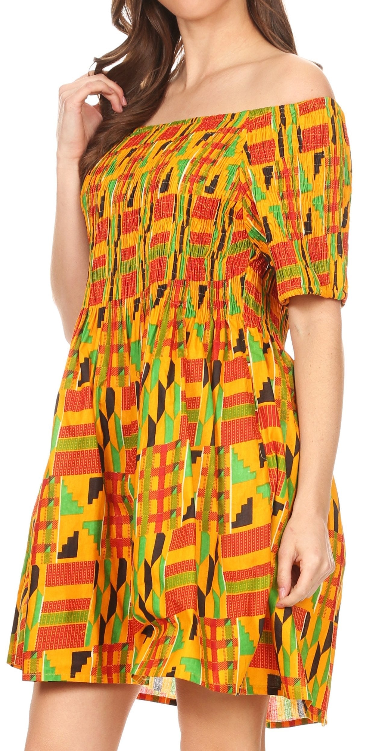 Sakkas Ife Wax African Ankara Colorful Cocktail Short Dress Off-shoulder w/pockets - Concordia Style Boutique