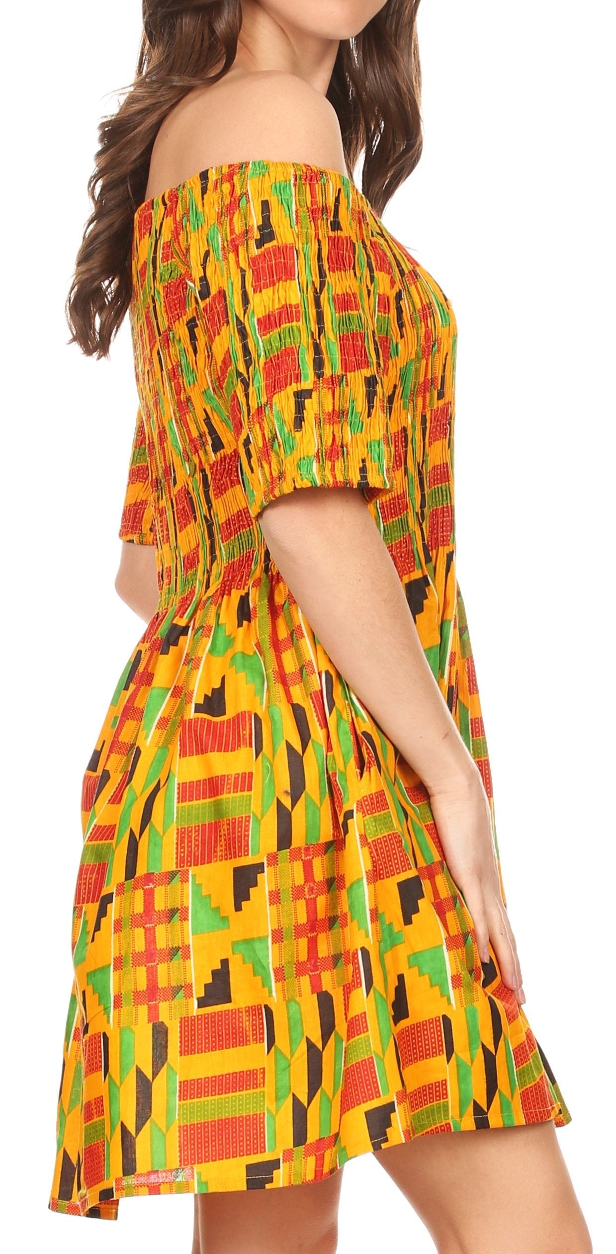 Sakkas Ife Wax African Ankara Colorful Cocktail Short Dress Off-shoulder w/pockets - Concordia Style Boutique