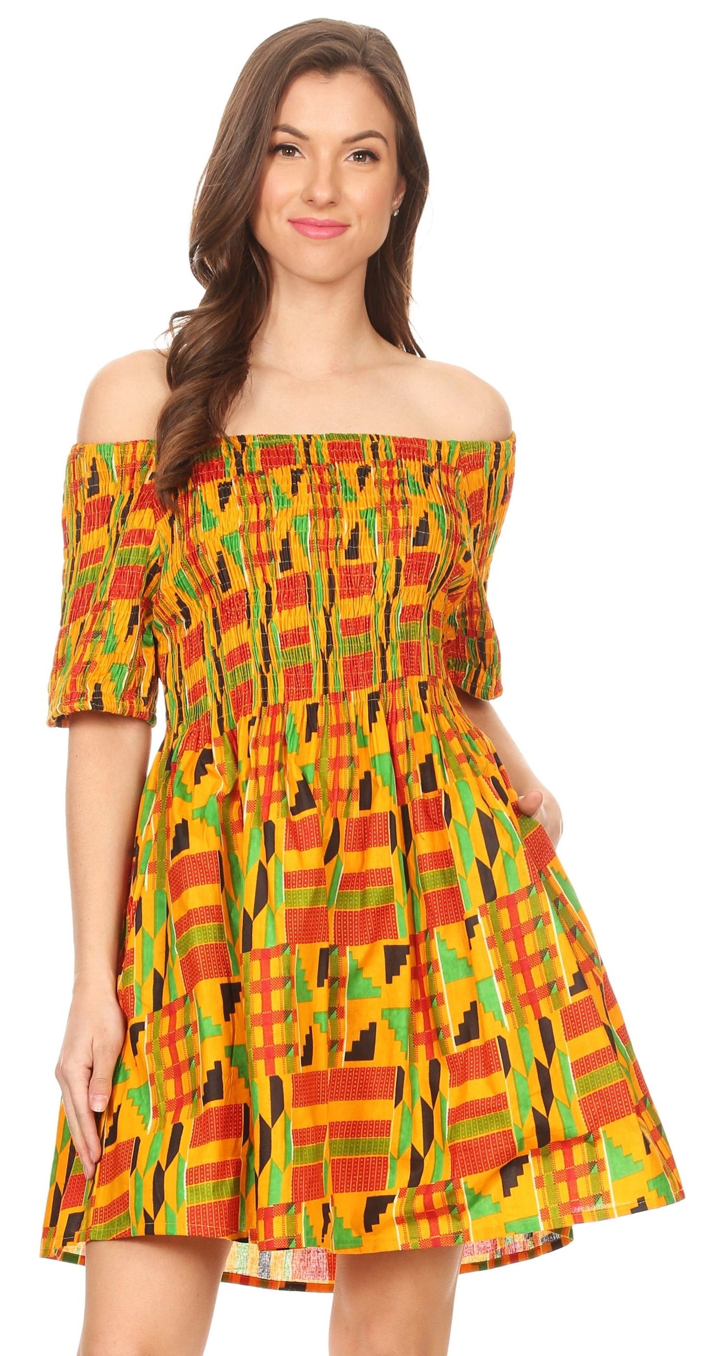 Sakkas Ife Wax African Ankara Colorful Cocktail Short Dress Off-shoulder w/pockets - Concordia Style Boutique