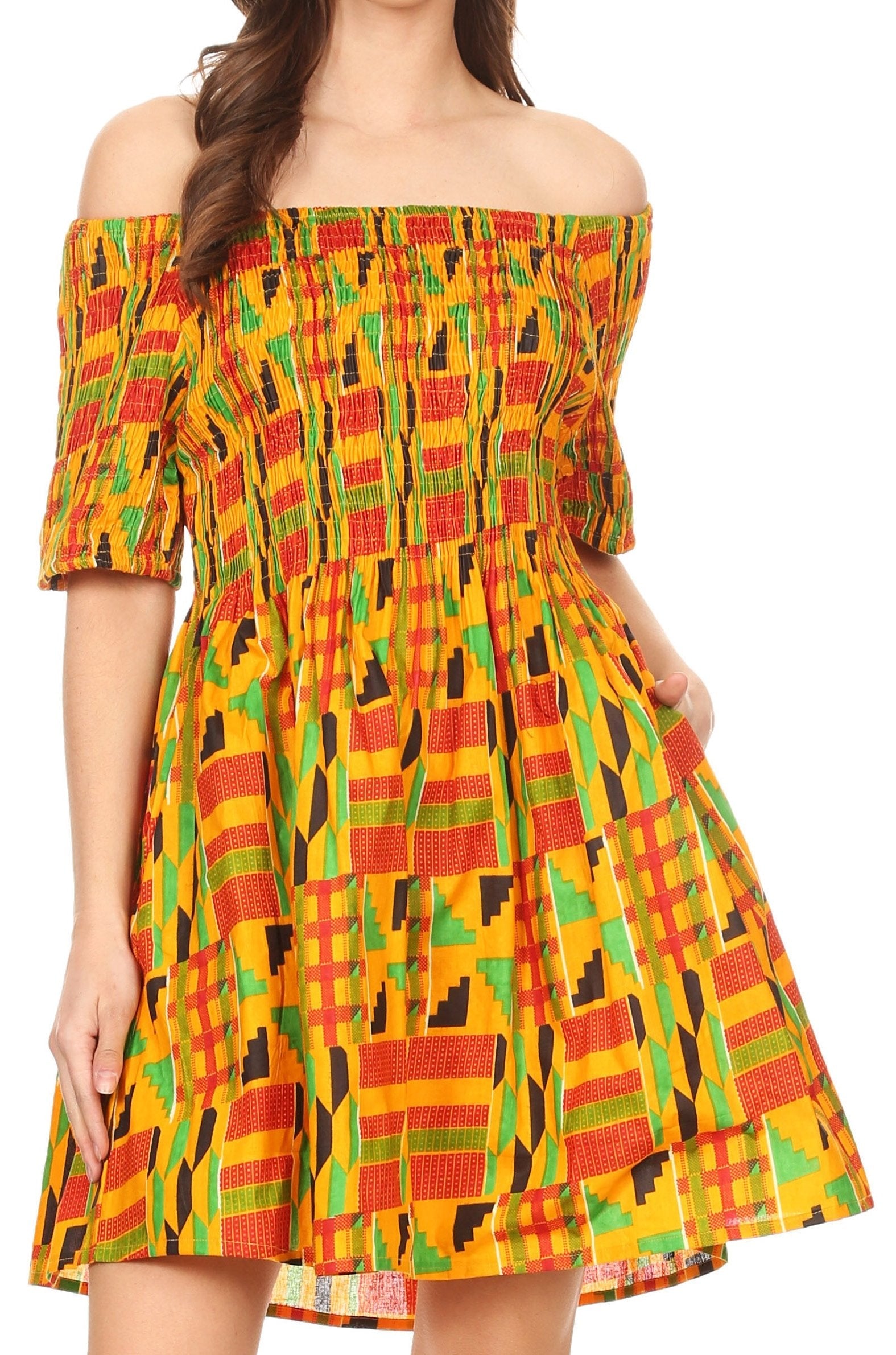 Sakkas Ife Wax African Ankara Colorful Cocktail Short Dress Off-shoulder w/pockets - Concordia Style Boutique