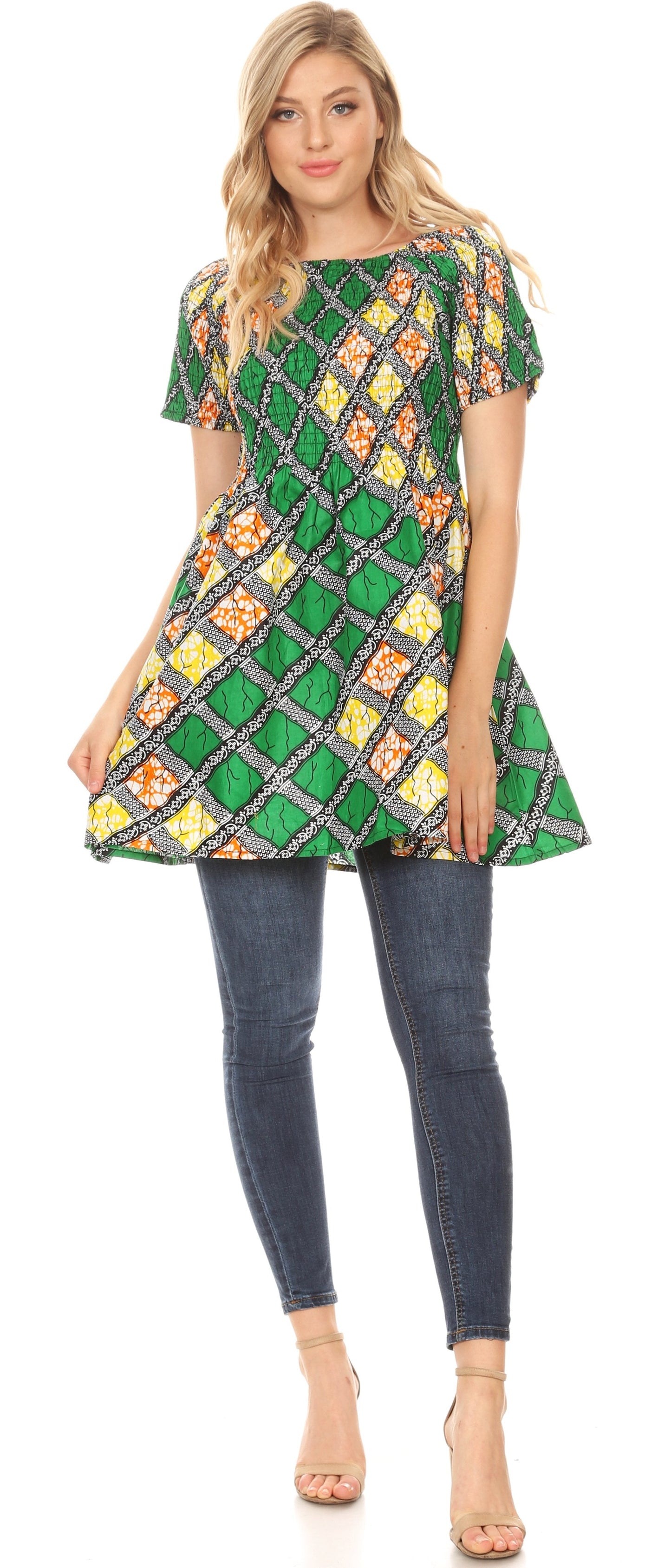 Sakkas Ife Wax African Ankara Colorful Cocktail Short Dress Off-shoulder w/pockets - Concordia Style Boutique