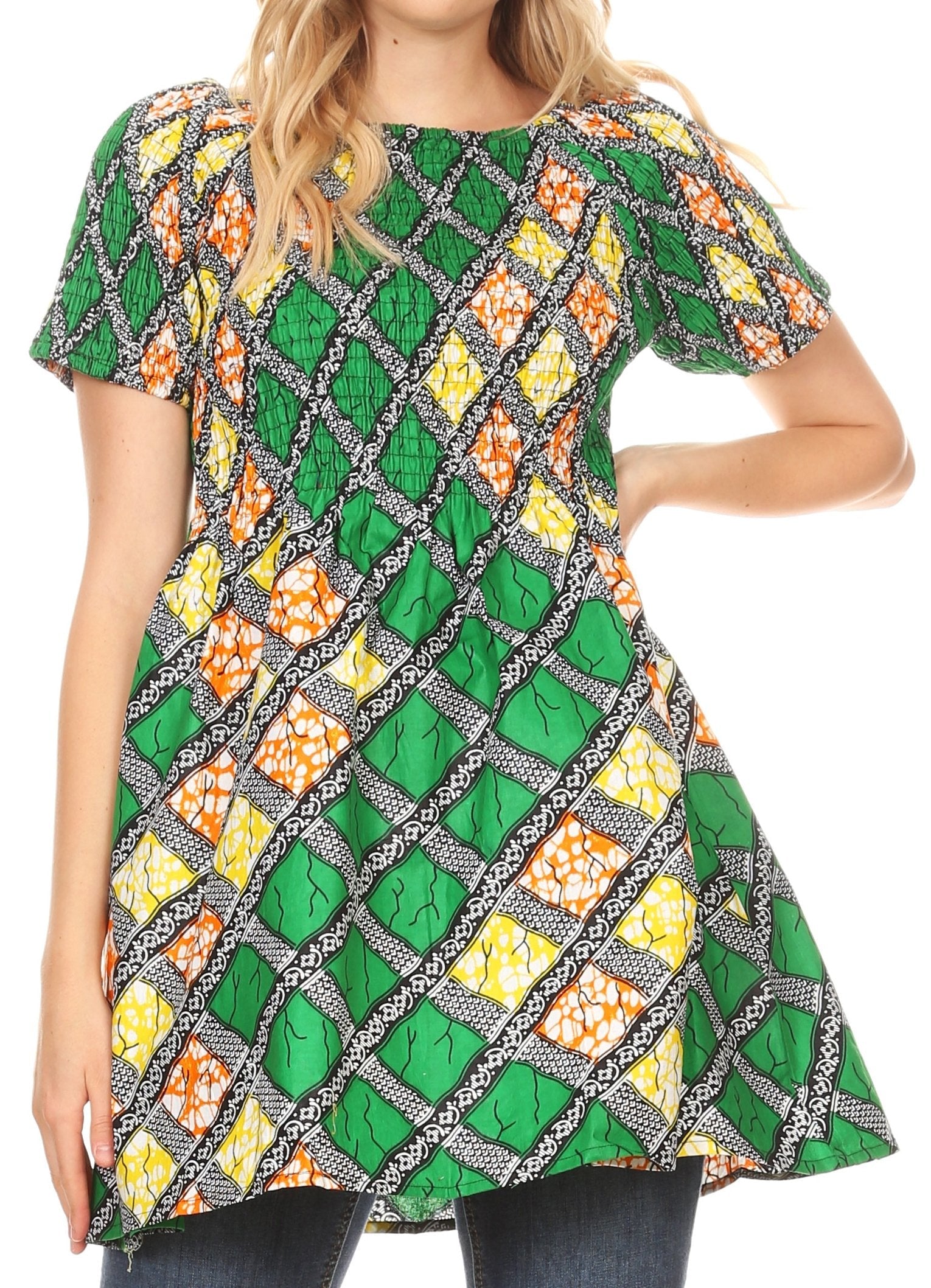 Sakkas Ife Wax African Ankara Colorful Cocktail Short Dress Off-shoulder w/pockets - Concordia Style Boutique