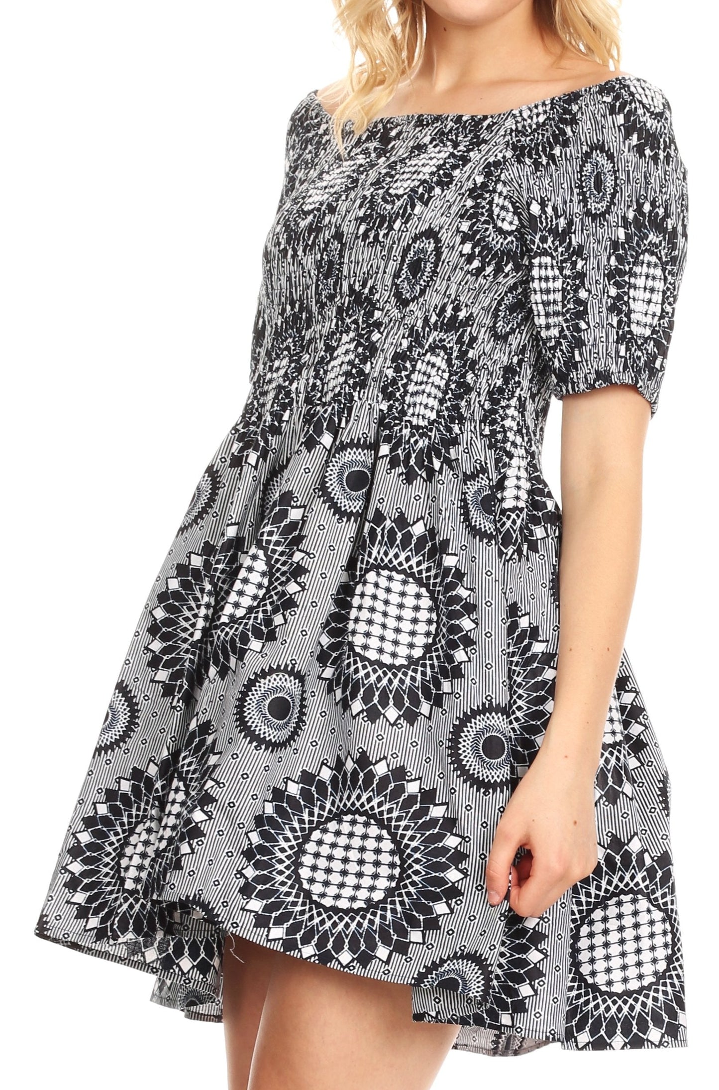 Sakkas Ife Wax African Ankara Colorful Cocktail Short Dress Off-shoulder w/pockets - Concordia Style Boutique