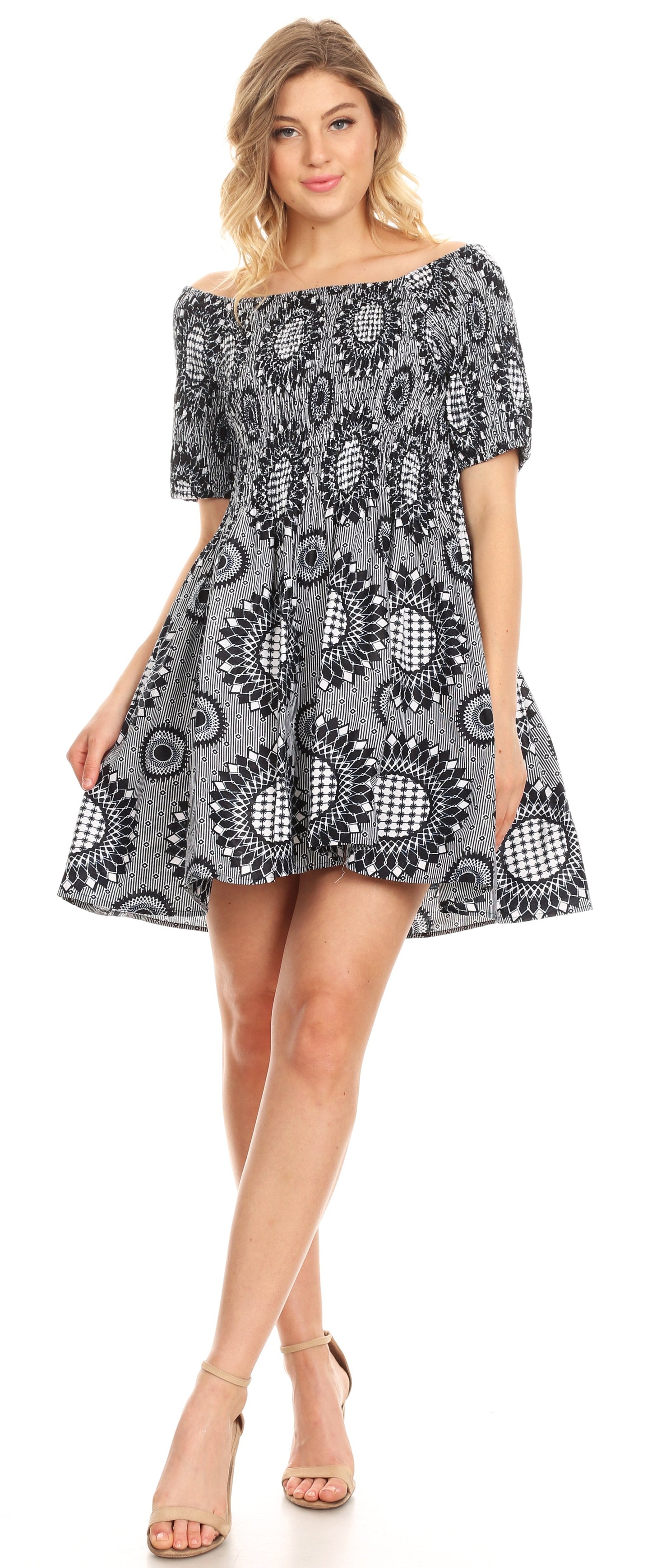 Sakkas Ife Wax African Ankara Colorful Cocktail Short Dress Off-shoulder w/pockets - Concordia Style Boutique