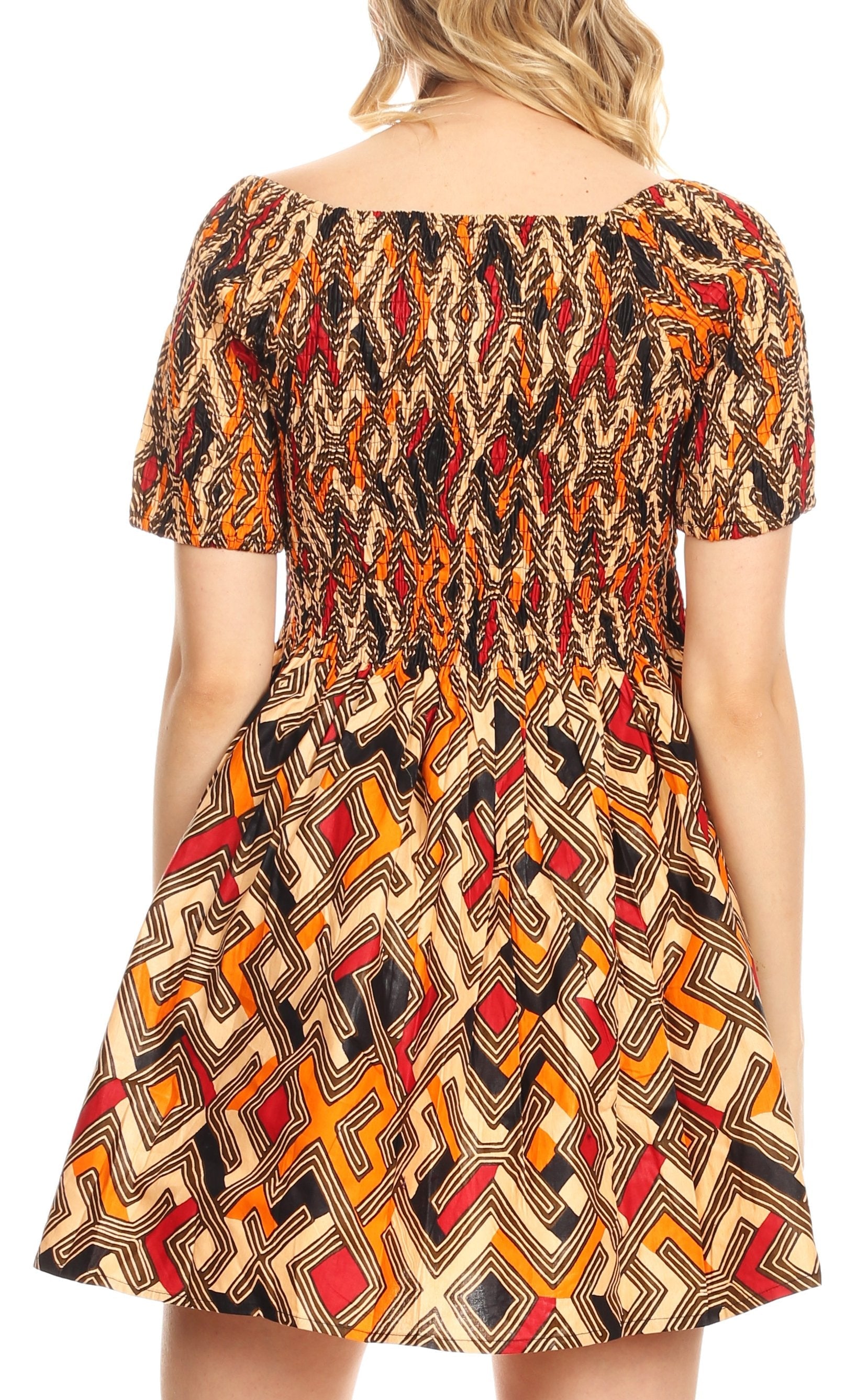 Sakkas Ife Wax African Ankara Colorful Cocktail Short Dress Off-shoulder w/pockets - Concordia Style Boutique